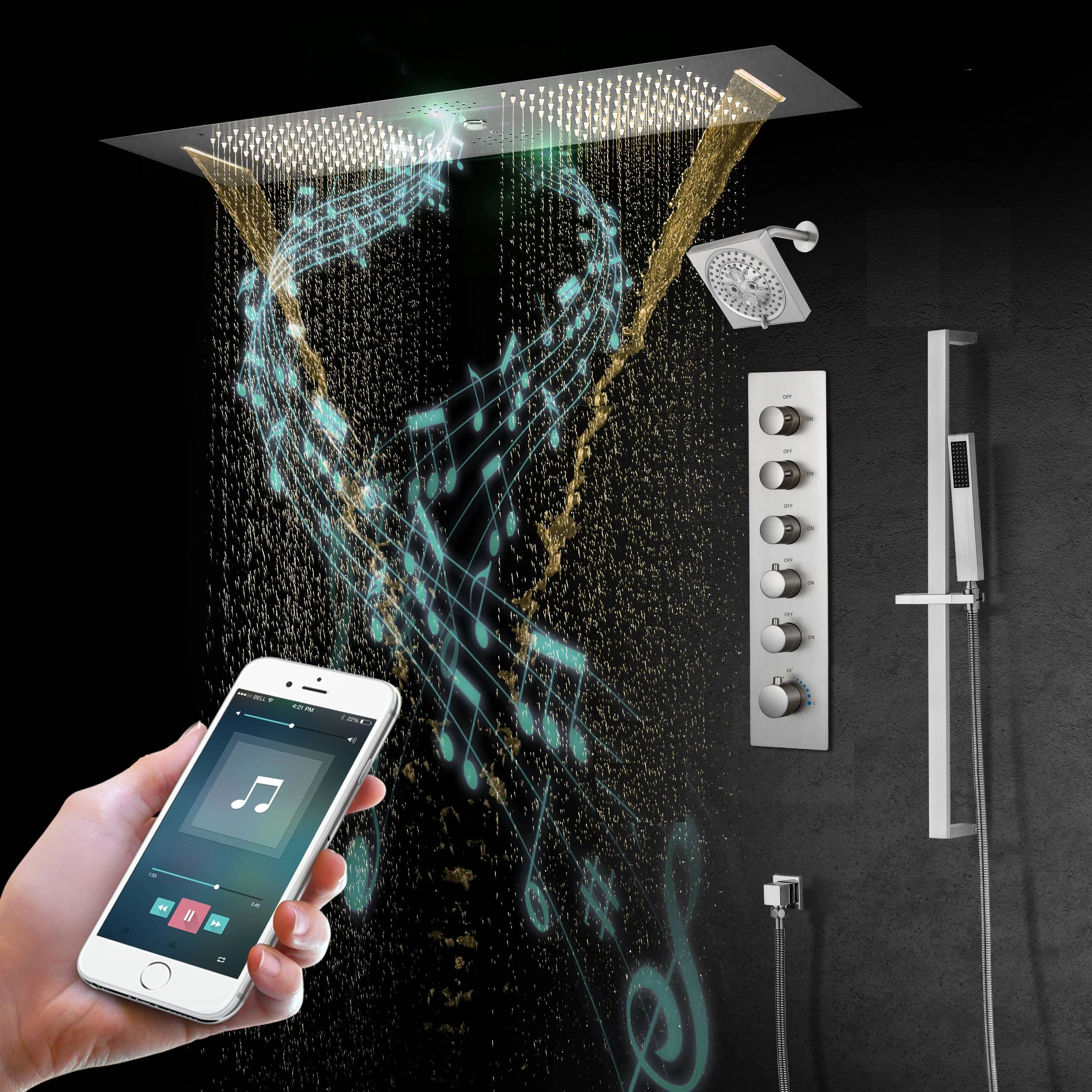 Brushed Gold or Brushed Nickel or Matte Black 35" Bluetooth Music LED Shower System with Waterfall, 5-Way Digital Thermostatic Valve, Regular Head, Touch Panel - Image 35