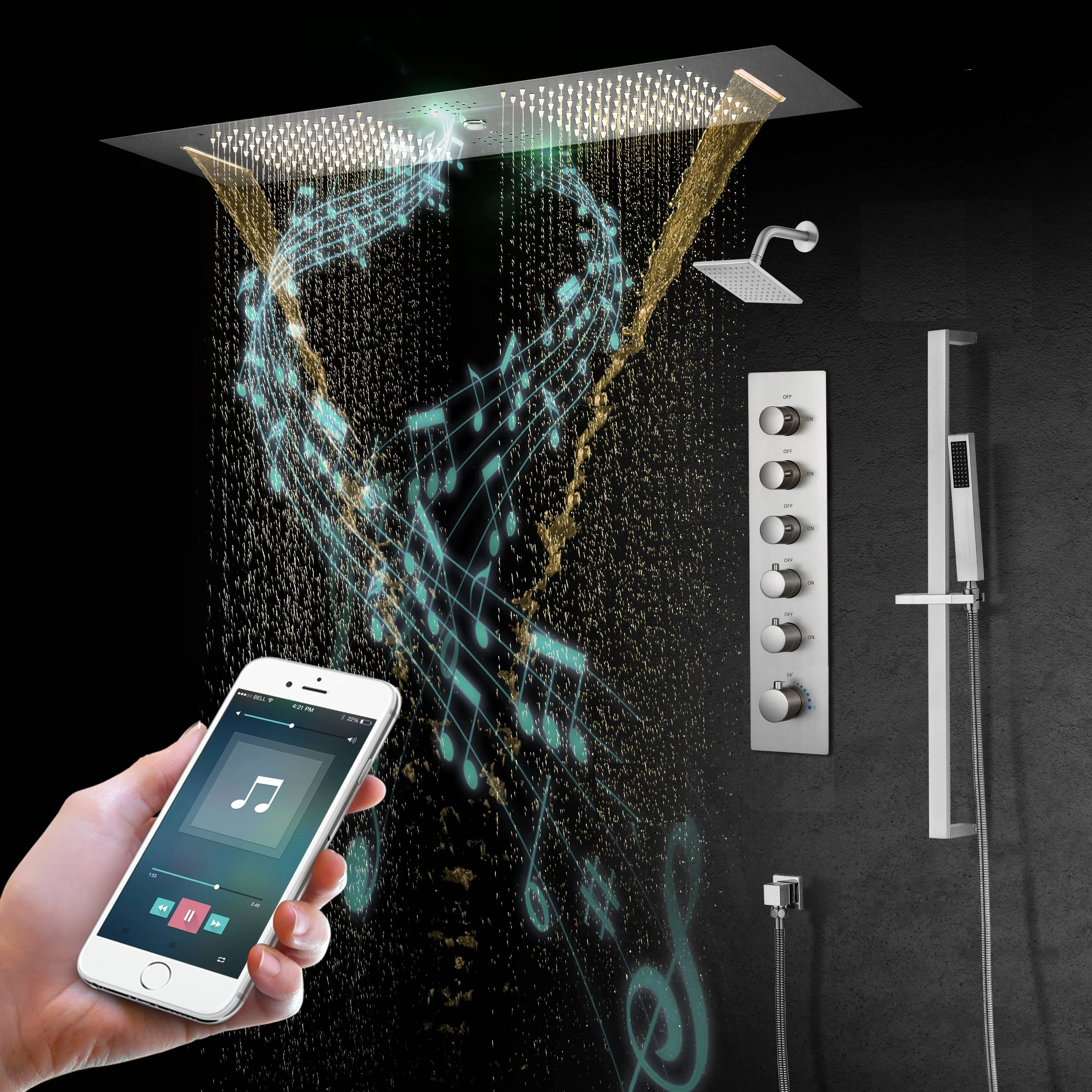 Brushed Gold or Brushed Nickel or Matte Black 35" Bluetooth Music LED Shower System with Waterfall, 5-Way Digital Thermostatic Valve, Regular Head, Touch Panel - Image 36