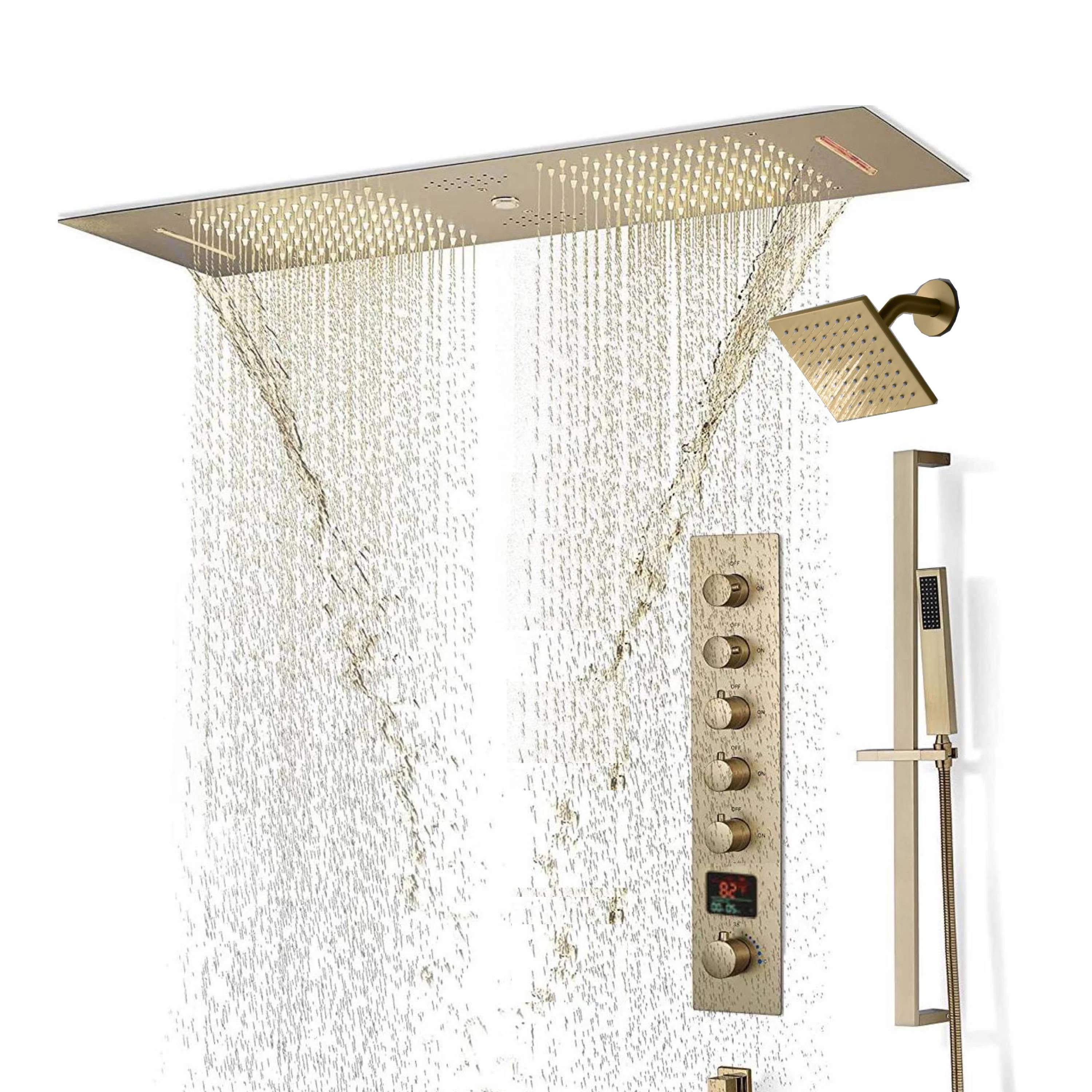 Brushed Gold or Brushed Nickel or Matte Black 35" Bluetooth Music LED Shower System with Waterfall, 5-Way Digital Thermostatic Valve, Regular Head, Touch Panel - Image 4