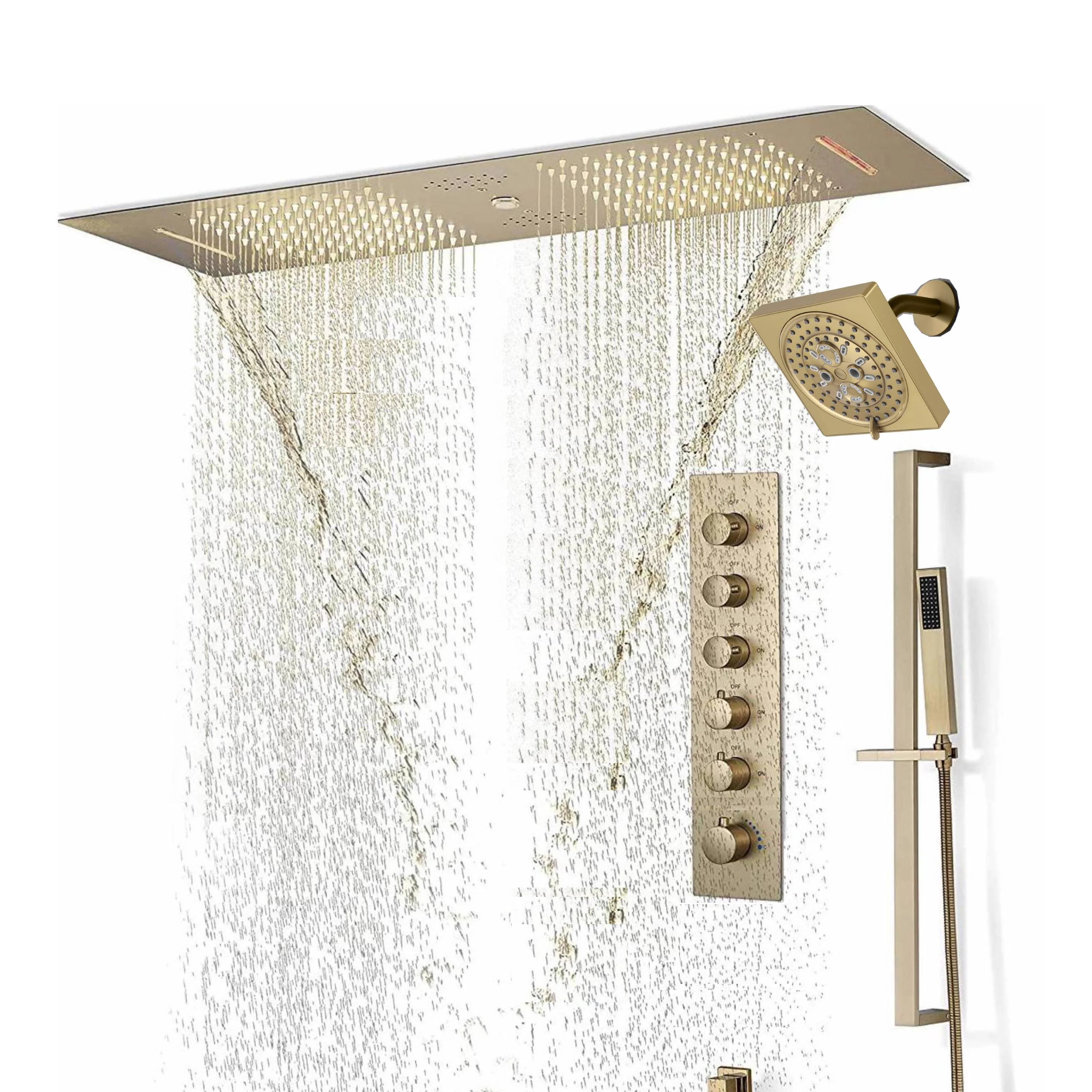 Brushed Gold or Brushed Nickel or Matte Black 35" Bluetooth Music LED Shower System with Waterfall, 5-Way Digital Thermostatic Valve, Regular Head, Touch Panel - Image 5