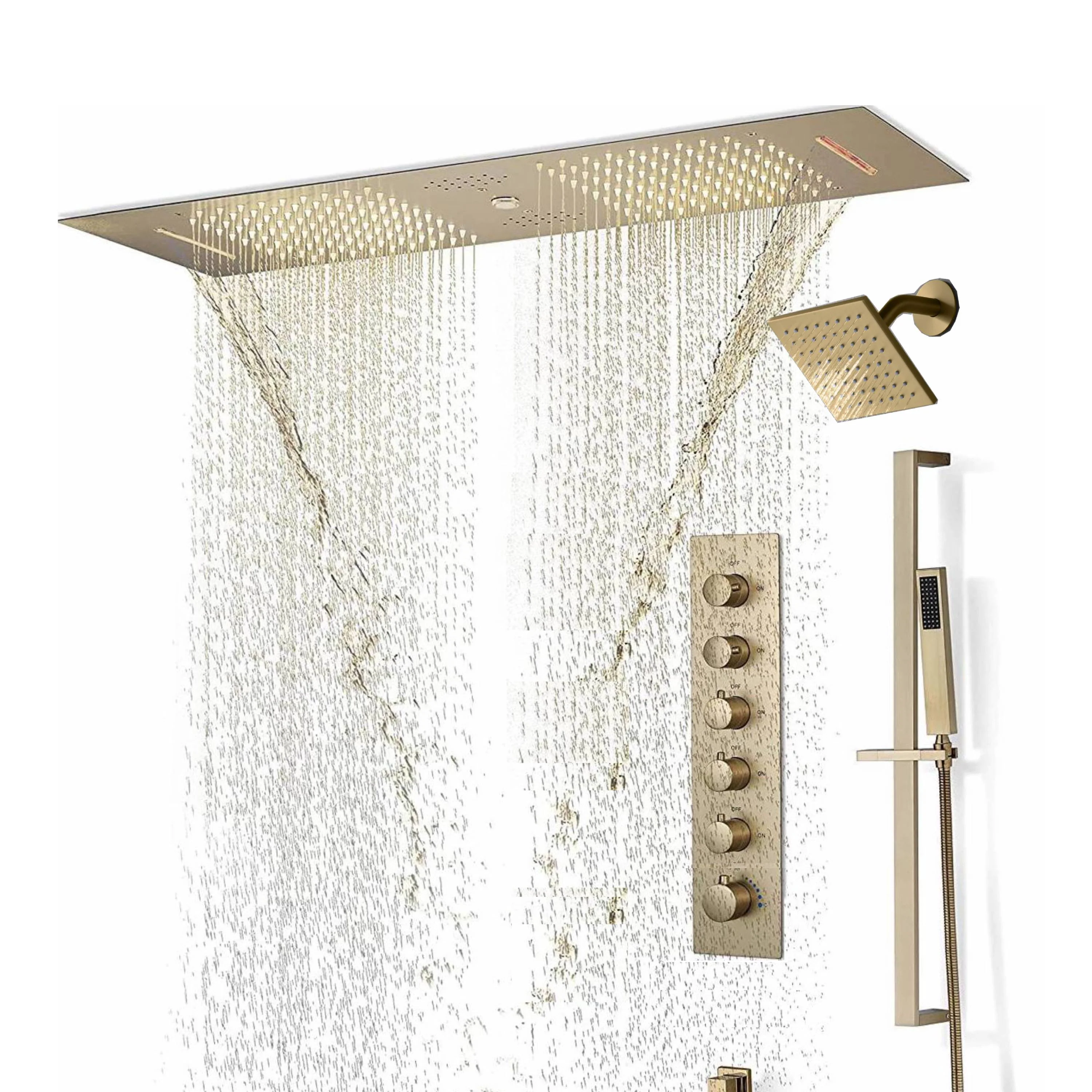 Brushed Gold or Brushed Nickel or Matte Black 35" Bluetooth Music LED Shower System with Waterfall, 5-Way Digital Thermostatic Valve, Regular Head, Touch Panel - Image 6