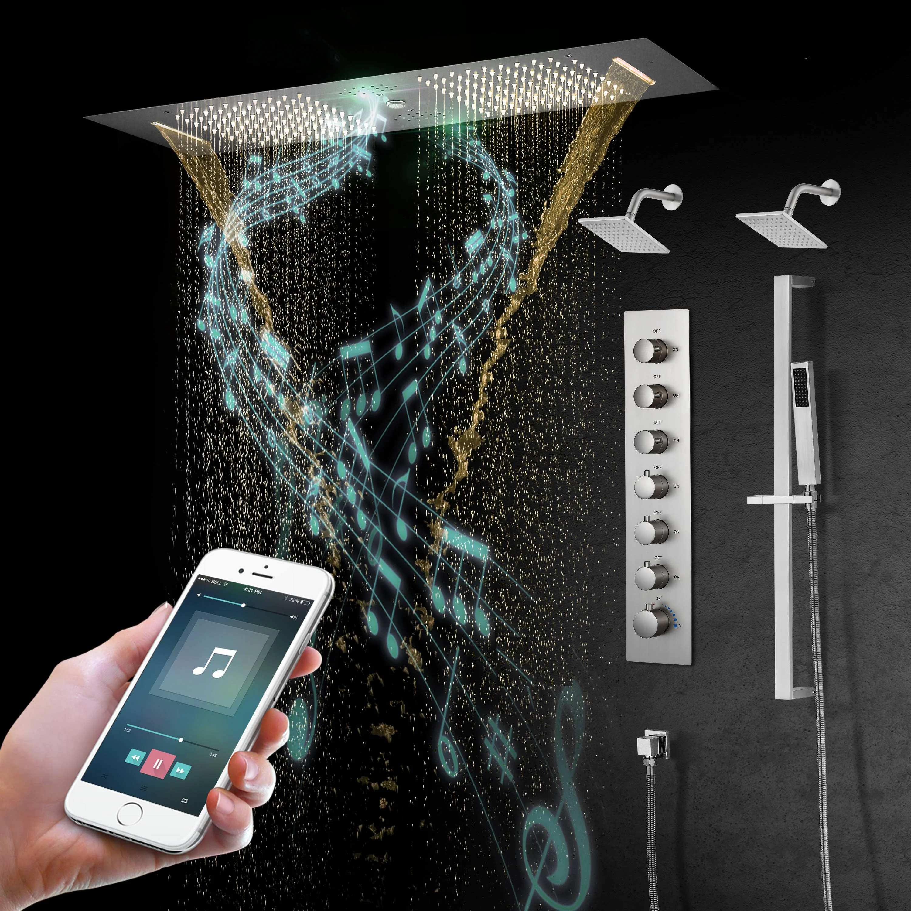 Brushed Gold or Brushed Nickel 35" Bluetooth Music LED Shower System with Waterfall, 6-Way Digital Thermostatic Valve, Dual Regular Head, Touch Panel - Image 21