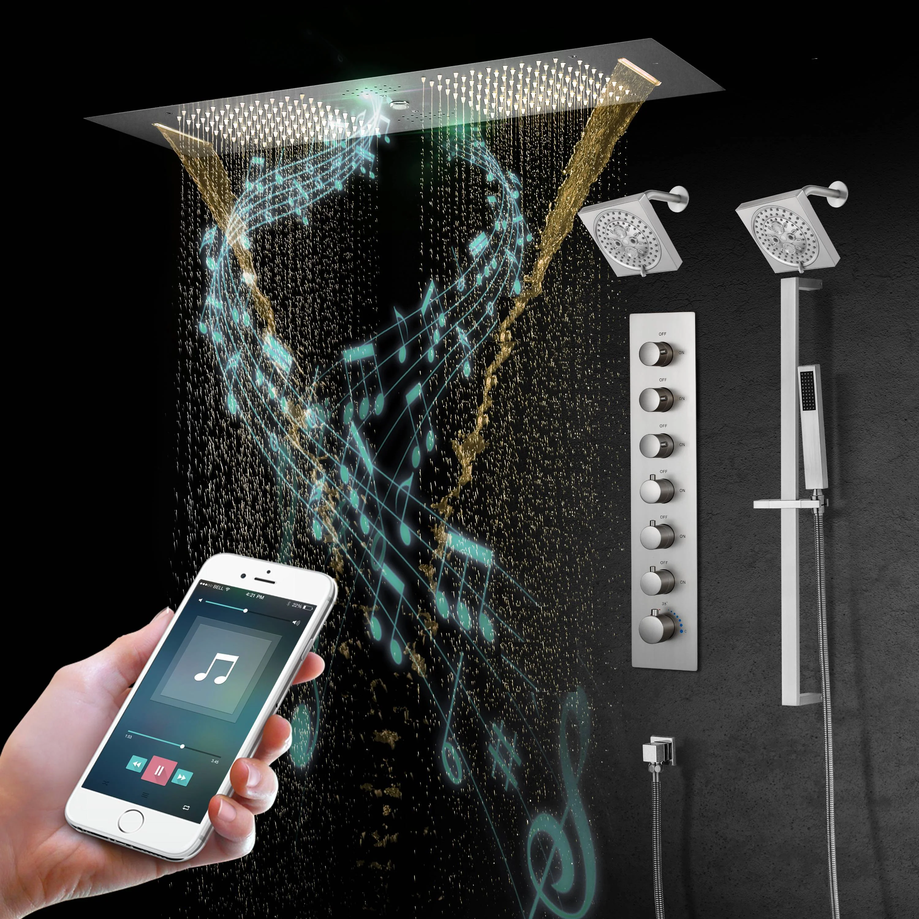 Brushed Gold or Brushed Nickel 35" Bluetooth Music LED Shower System with Waterfall, 6-Way Digital Thermostatic Valve, Dual Regular Head, Touch Panel - Image 24