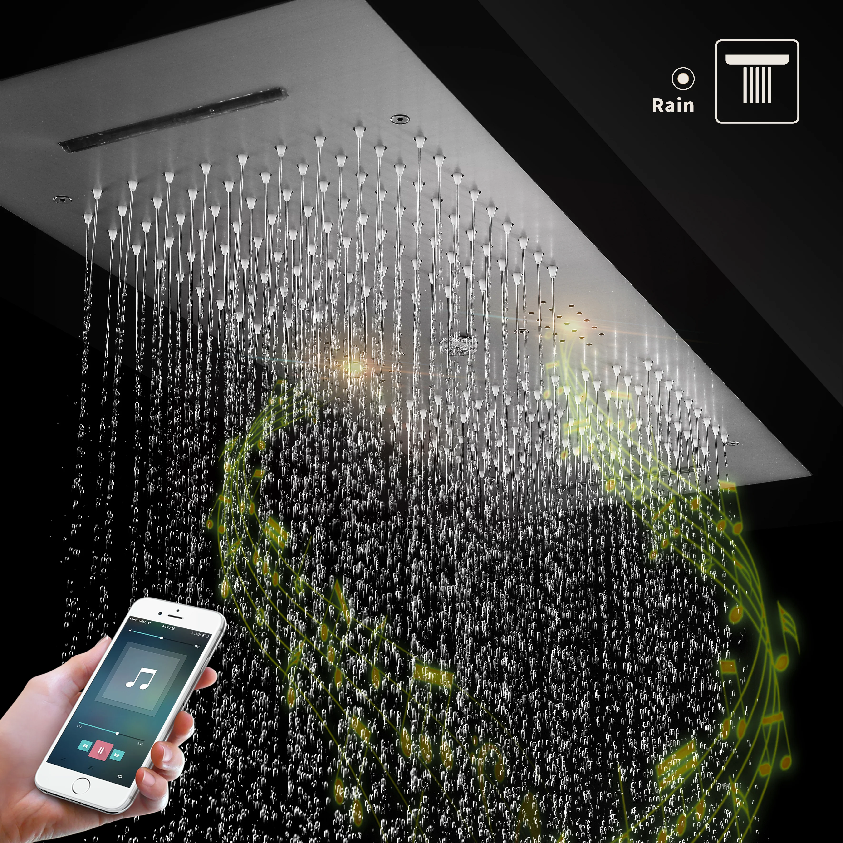 Brushed Gold or Brushed Nickel 35" Bluetooth Music LED Shower System with Waterfall, 6-Way Digital Thermostatic Valve, Dual Regular Head, Touch Panel - Image 25
