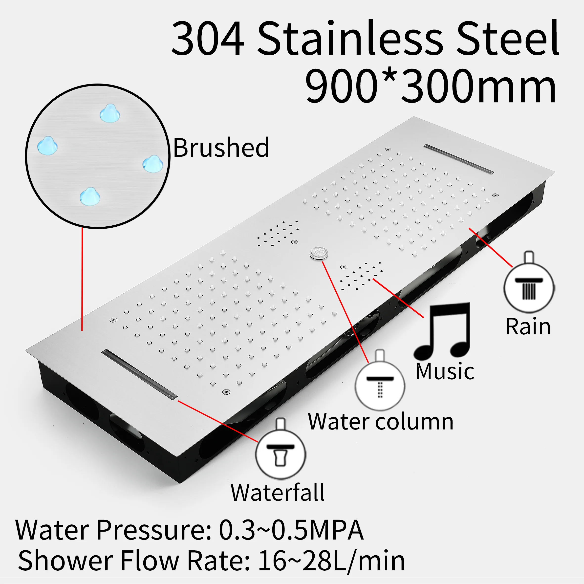Brushed Gold or Brushed Nickel 35" Bluetooth Music LED Shower System with Waterfall, 6-Way Digital Thermostatic Valve, Dual Regular Head, Touch Panel - Image 28
