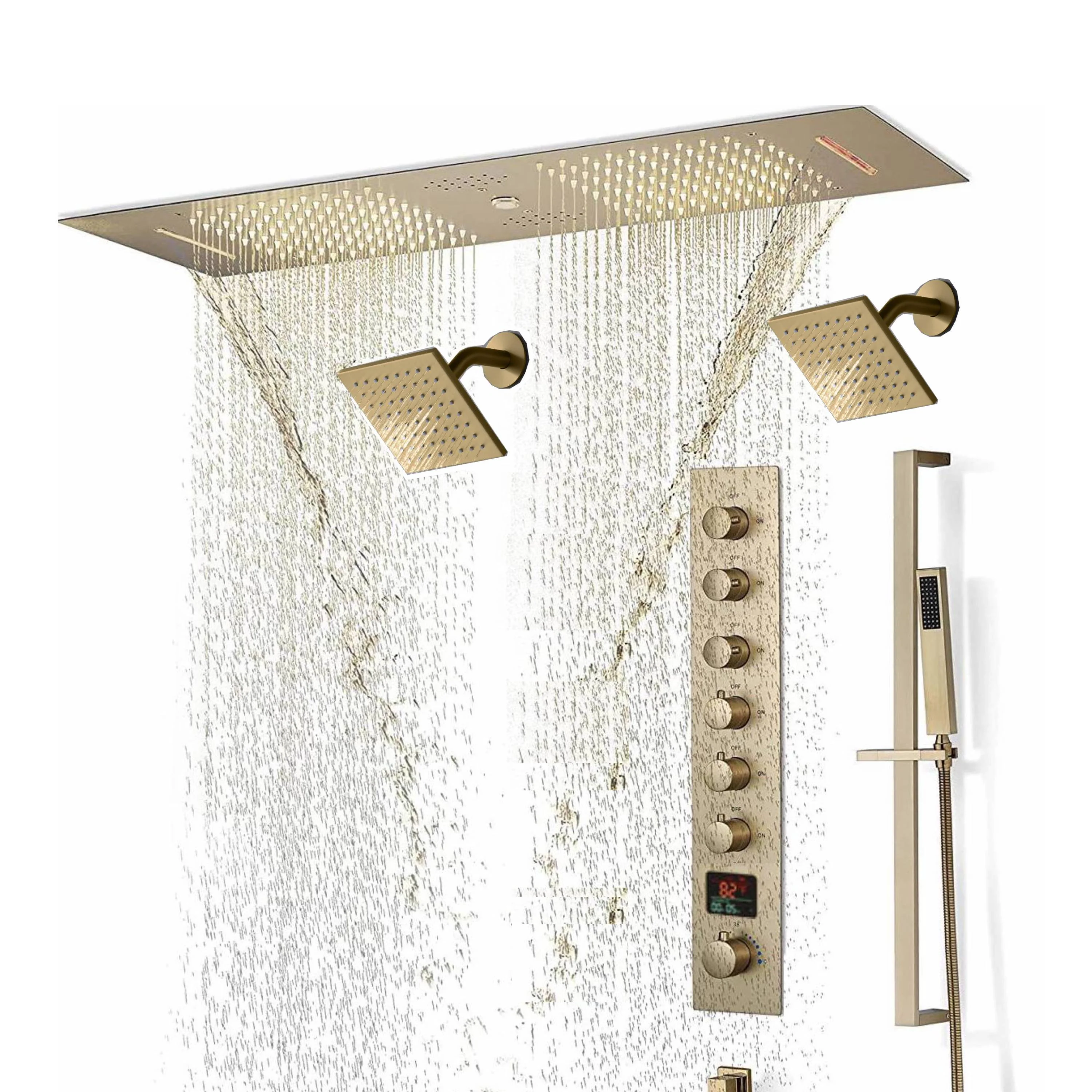 Brushed Gold or Brushed Nickel 35" Bluetooth Music LED Shower System with Waterfall, 6-Way Digital Thermostatic Valve, Dual Regular Head, Touch Panel - Image 3