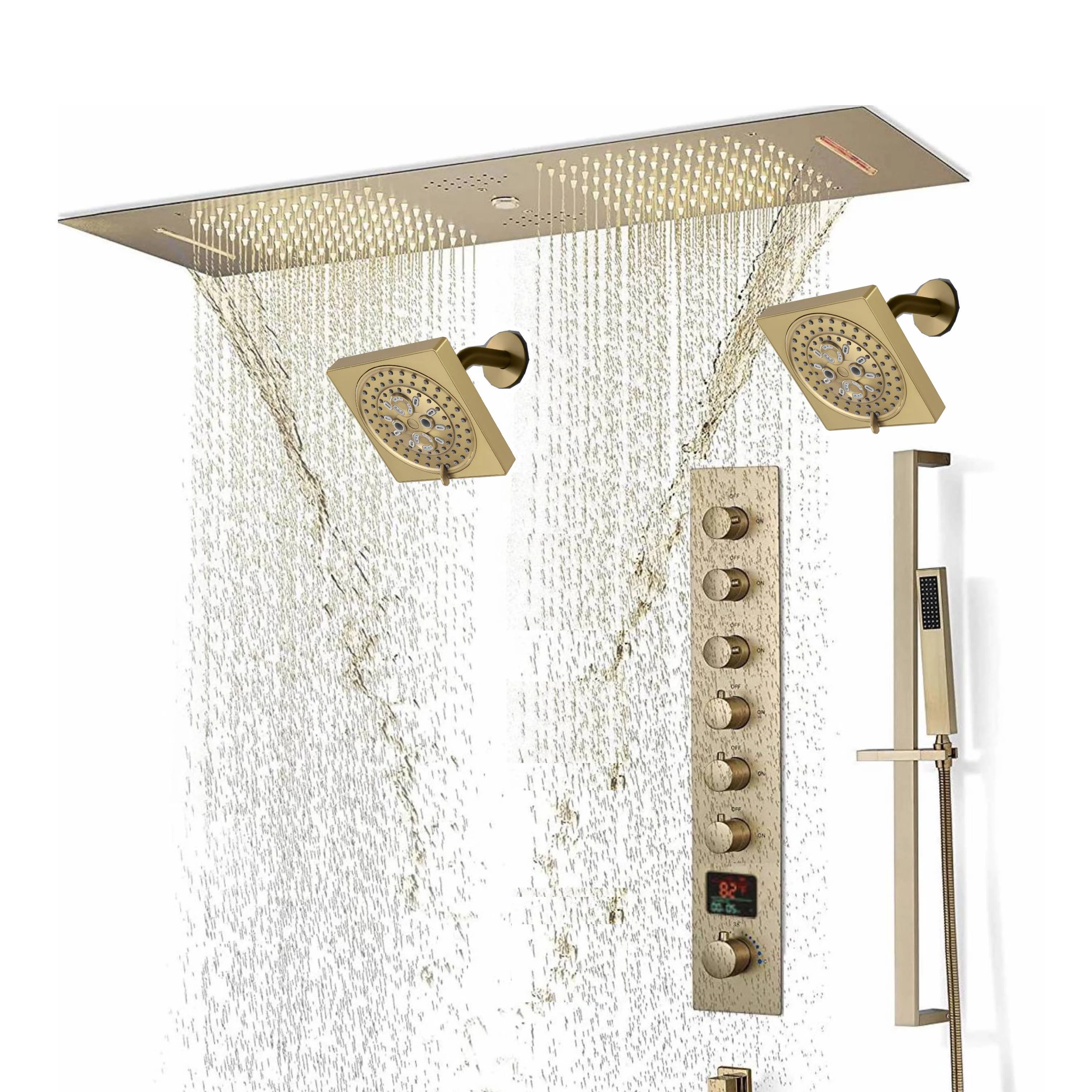 Brushed Gold or Brushed Nickel 35" Bluetooth Music LED Shower System with Waterfall, 6-Way Digital Thermostatic Valve, Dual Regular Head, Touch Panel - Image 4