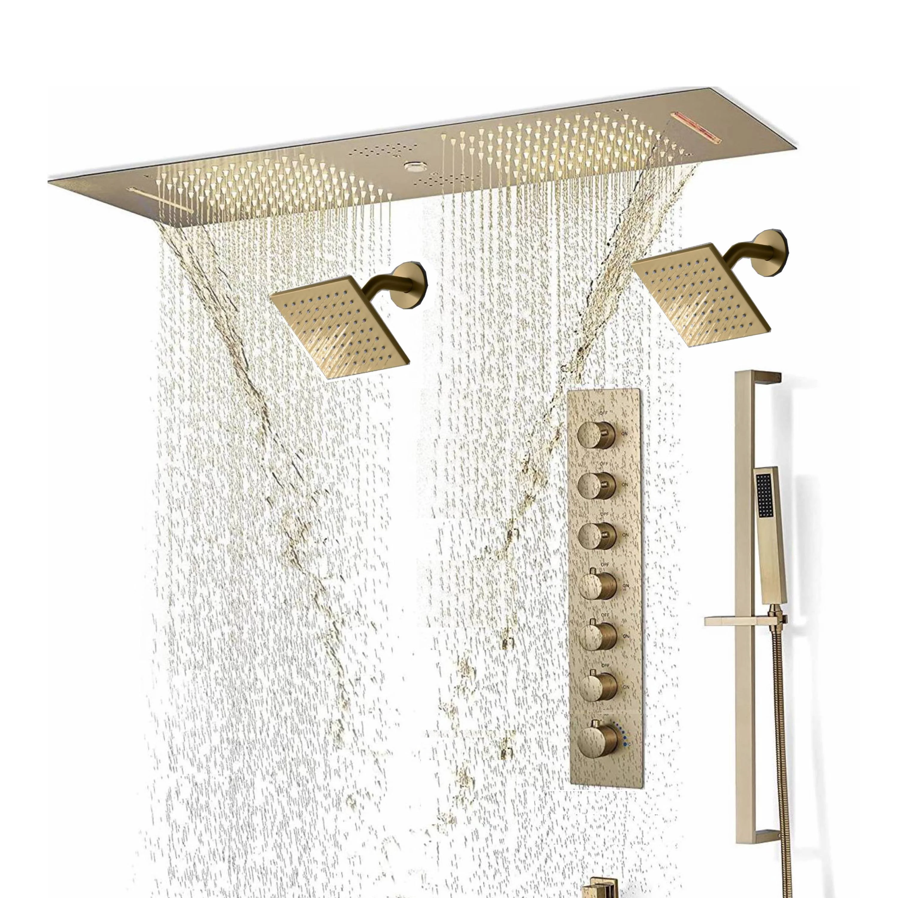 Brushed Gold or Brushed Nickel 35" Bluetooth Music LED Shower System with Waterfall, 6-Way Digital Thermostatic Valve, Dual Regular Head, Touch Panel - Image 5