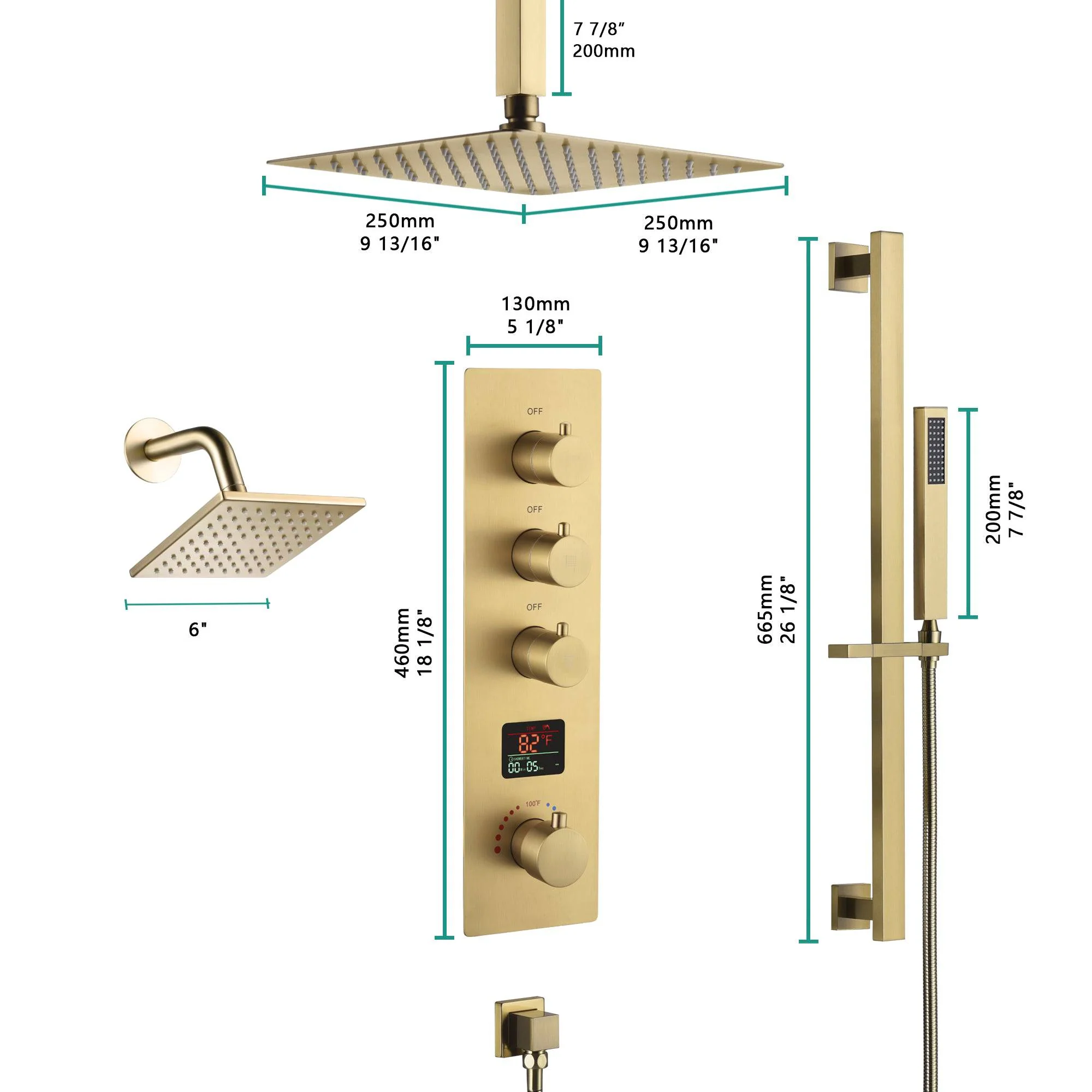 Brushed gold ceiling mount 12 inch or 16 inch rain head 3 way digital display thermostatic shower faucet with  Regular head wall mount - Image 10