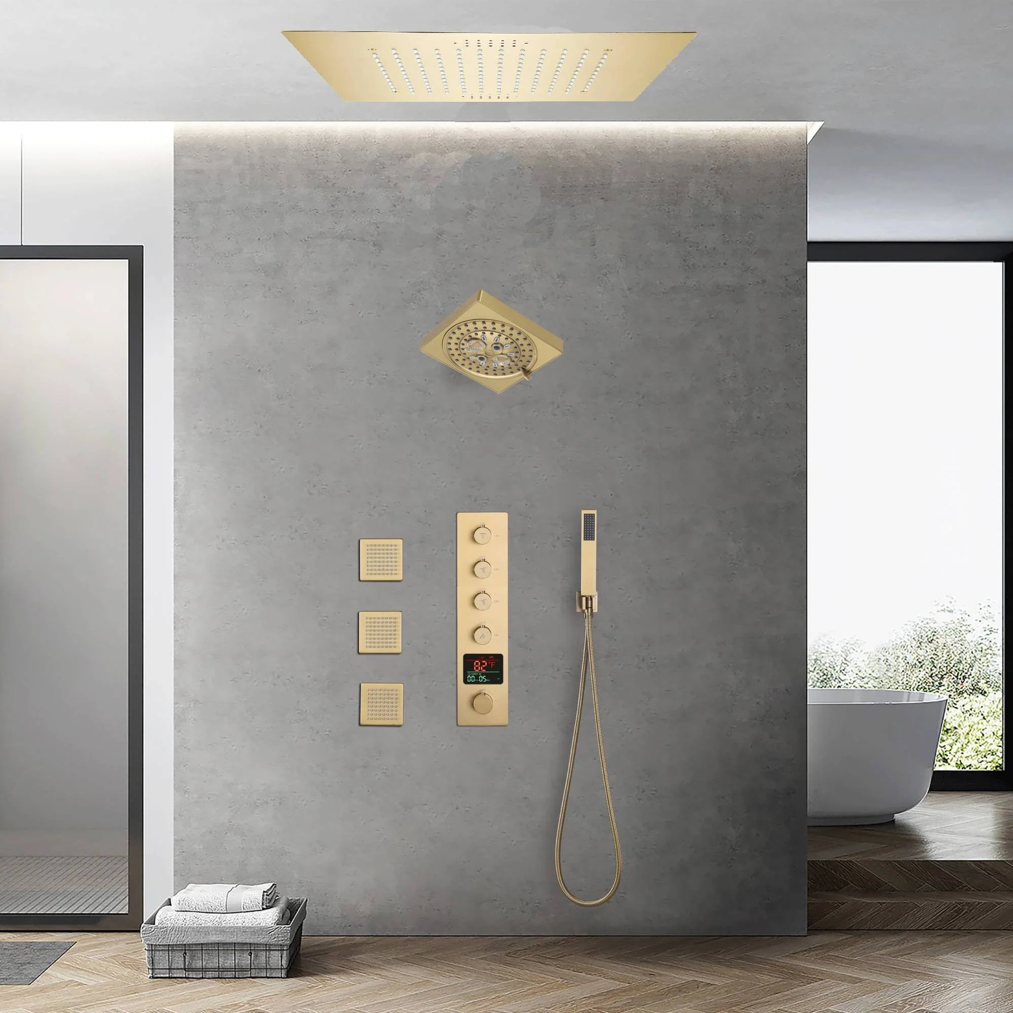 Brushed gold flushed on 20 inch rainfall 64 LED light Bluetooth Music shower head 4 way digital display shower faucet with body jets and regular head - Image 2