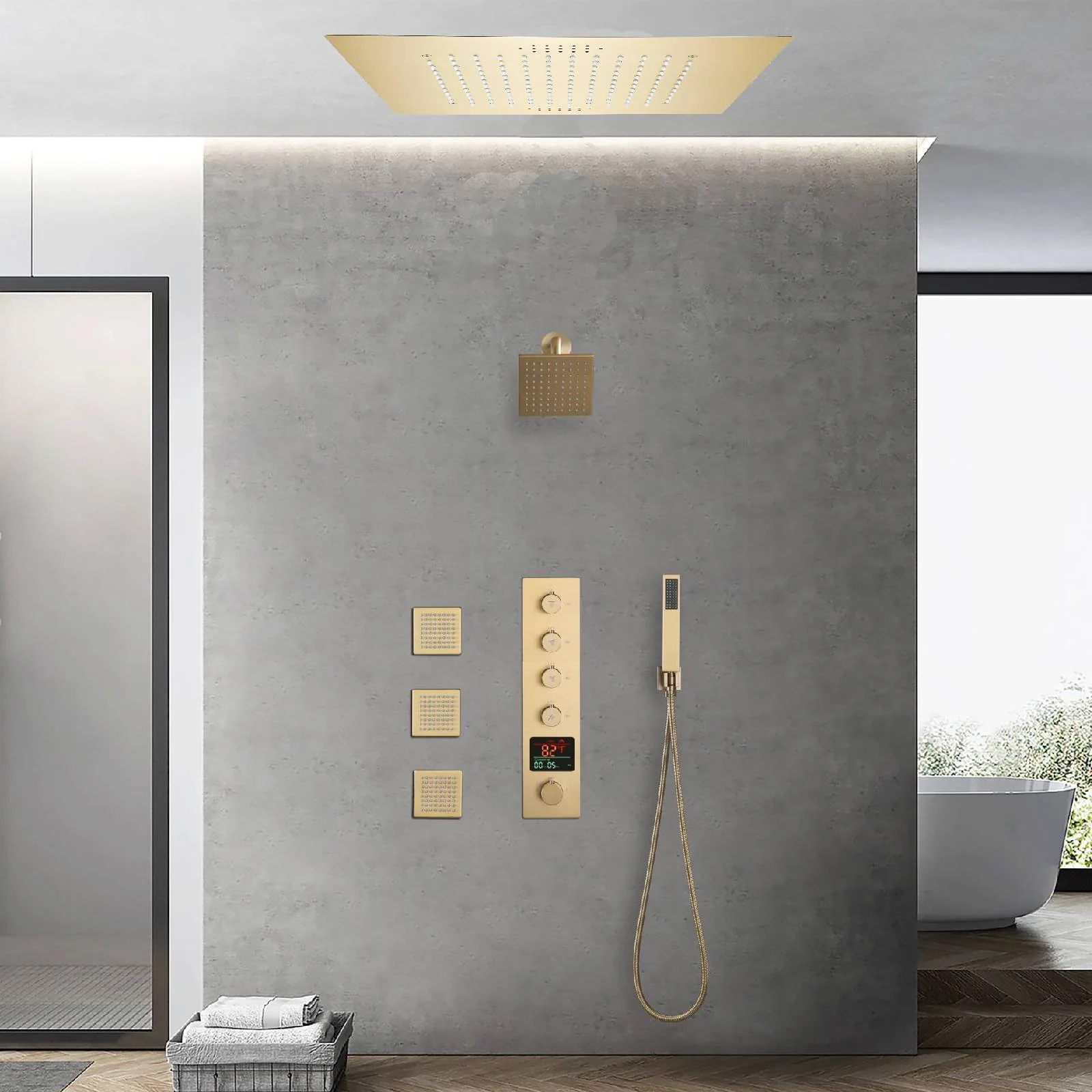 Brushed gold flushed on 20 inch rainfall 64 LED light Bluetooth Music shower head 4 way digital display shower faucet with body jets and regular head - Image 3