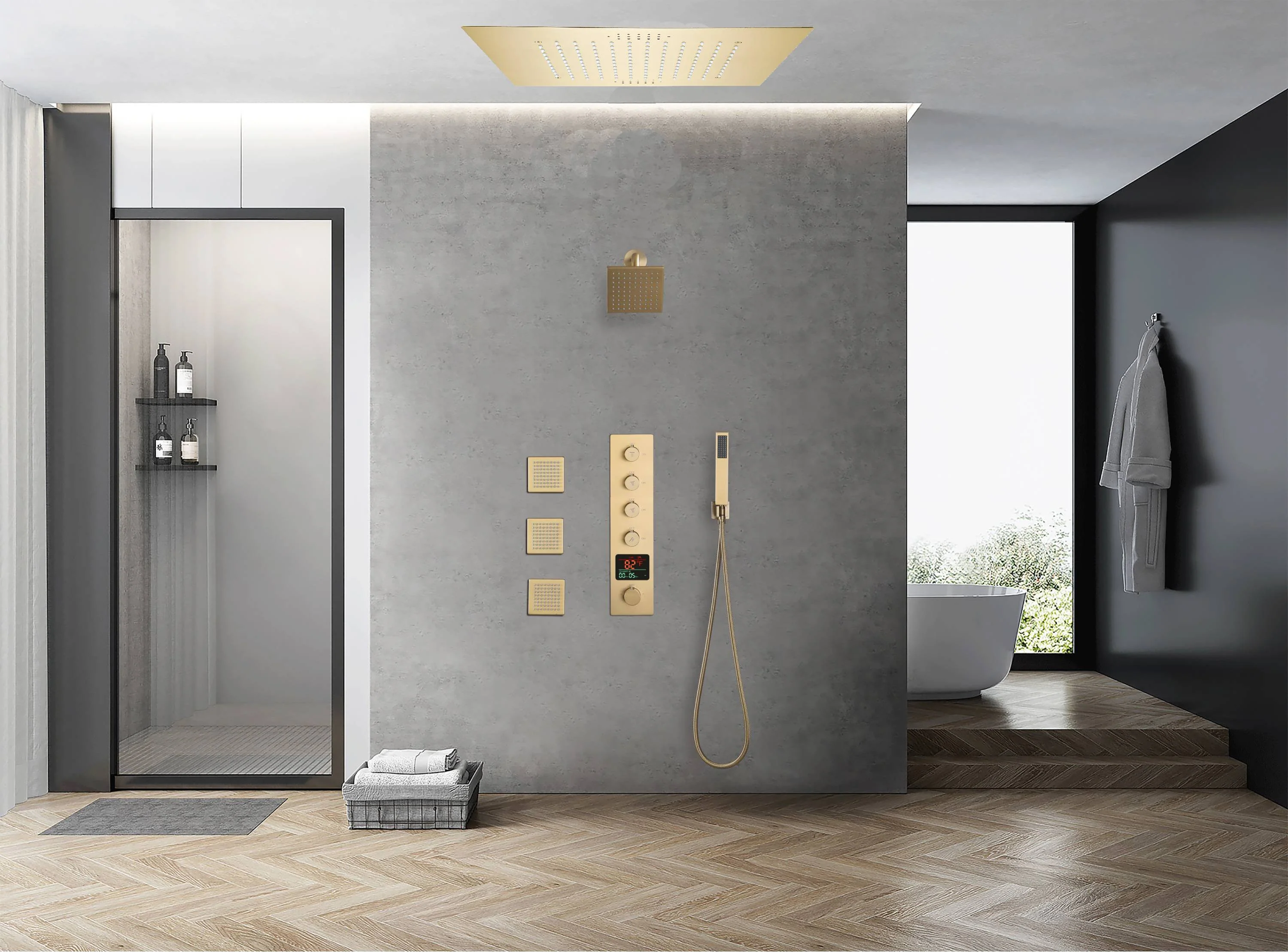 Brushed gold flushed on 20 inch rainfall 64 LED light Bluetooth Music shower head 4 way digital display shower faucet with body jets and regular head - Image 4