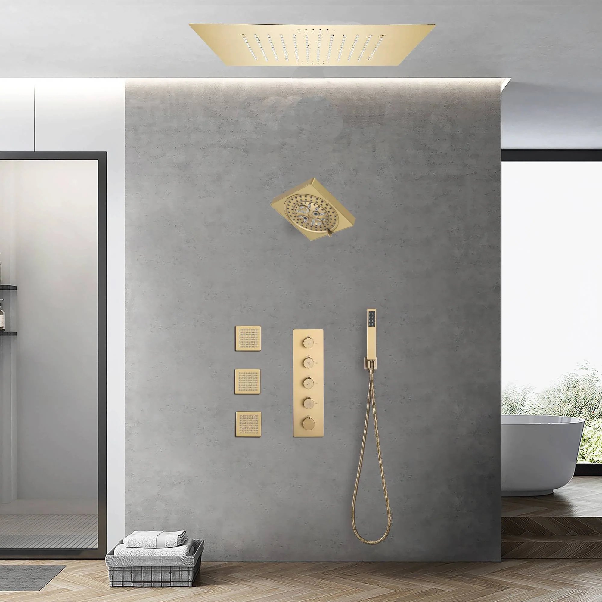 Brushed gold flushed on 20 inch rainfall 64 LED light Bluetooth Music shower head 4 way digital display shower faucet with body jets and regular head - Image 5