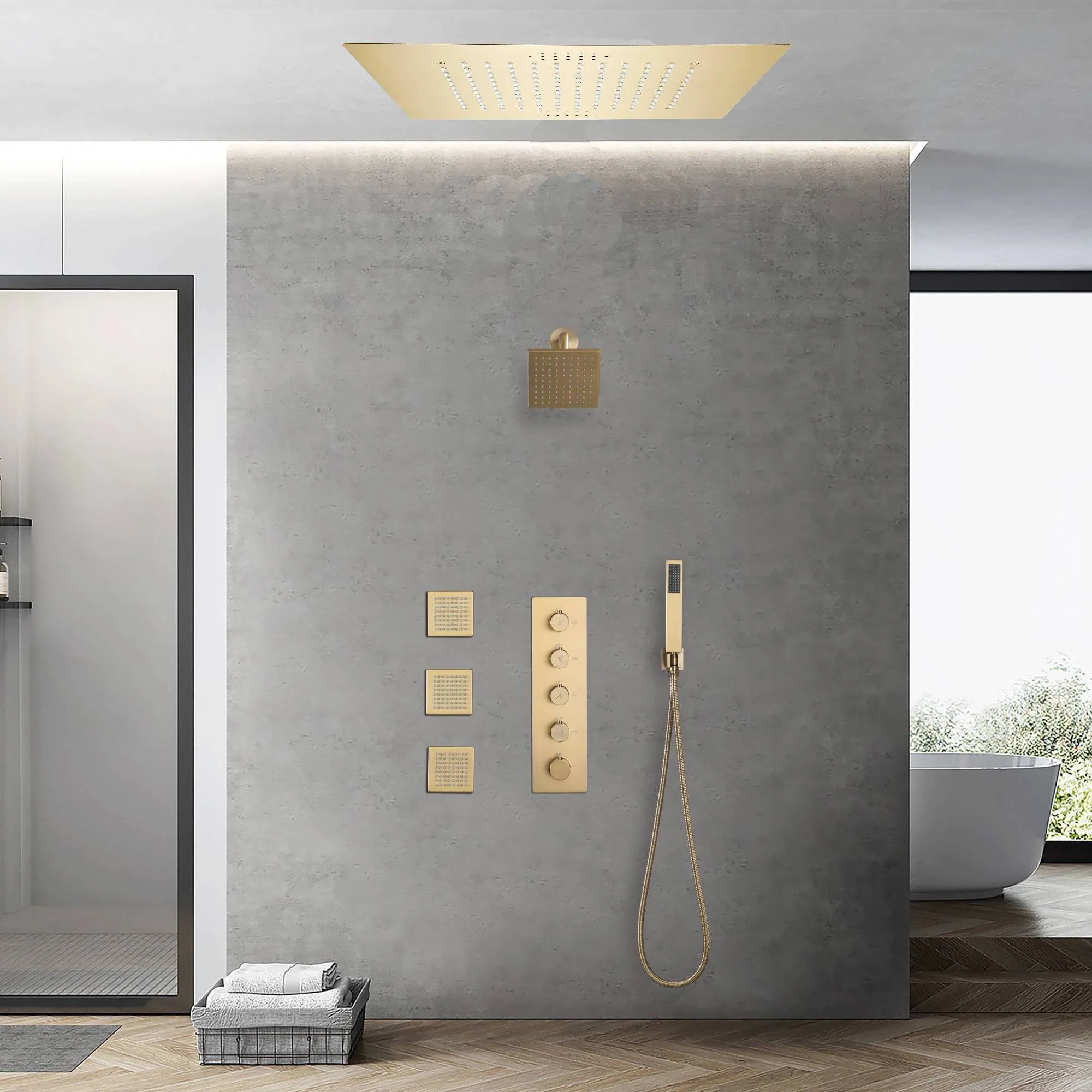 Brushed gold flushed on 20 inch rainfall 64 LED light Bluetooth Music shower head 4 way digital display shower faucet with body jets and regular head - Image 6