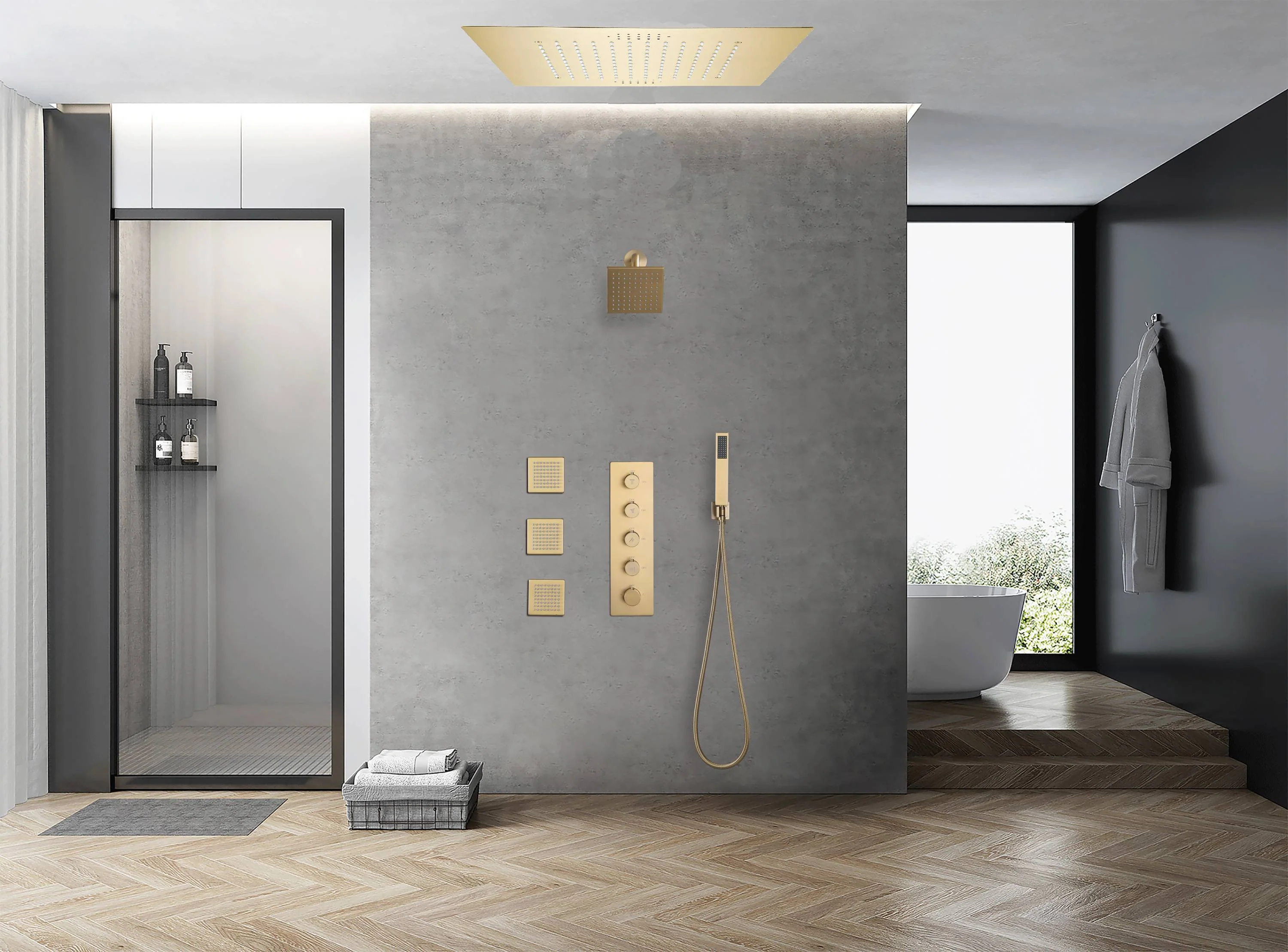 Brushed gold flushed on 20 inch rainfall 64 LED light Bluetooth Music shower head 4 way digital display shower faucet with body jets and regular head - Image 7