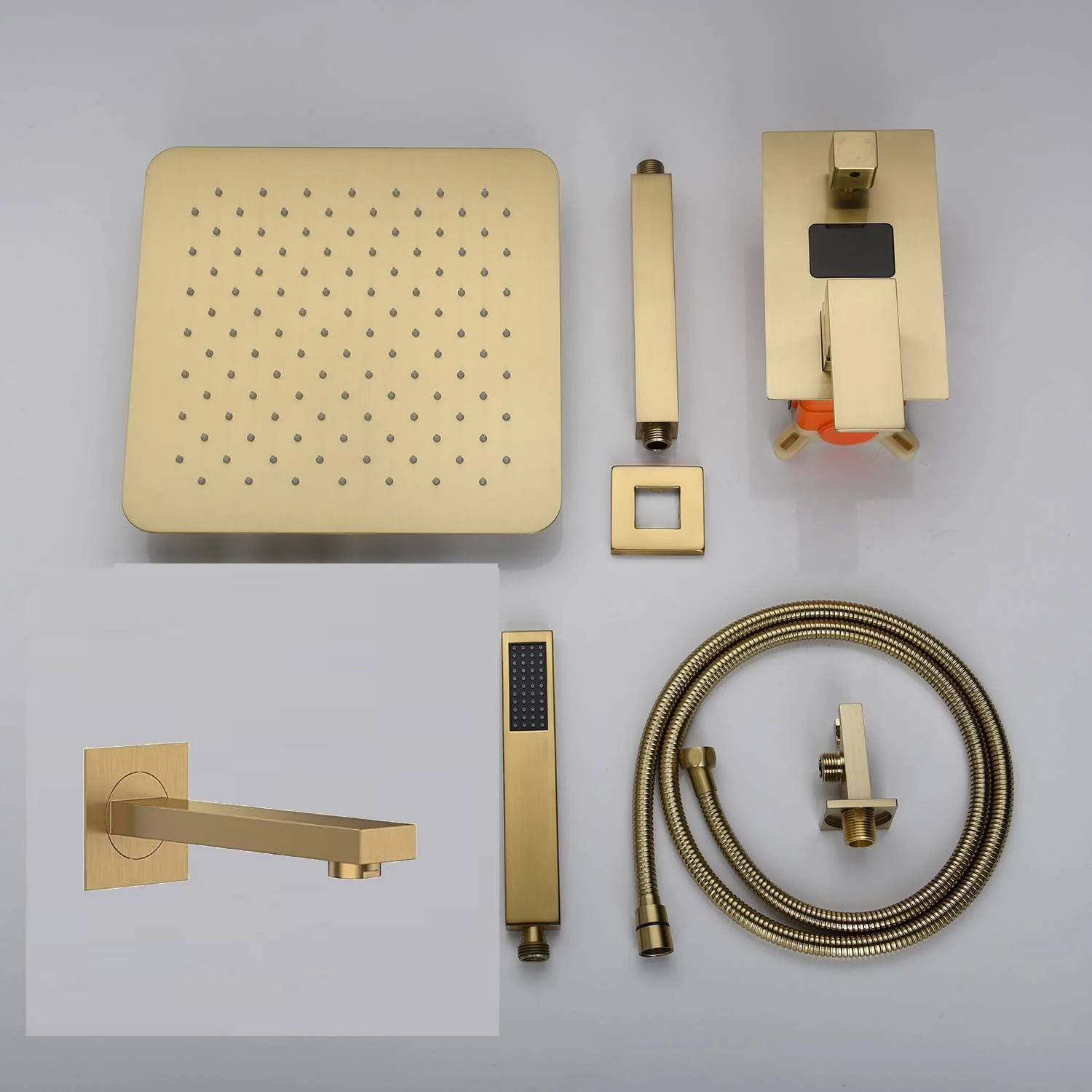 Brushed Gold Ceiling-Mounted Shower Faucet with 12'' or 16'' Rain Shower Head, 3-Way Digital Display, Trim, and Tub Spout - Image 4