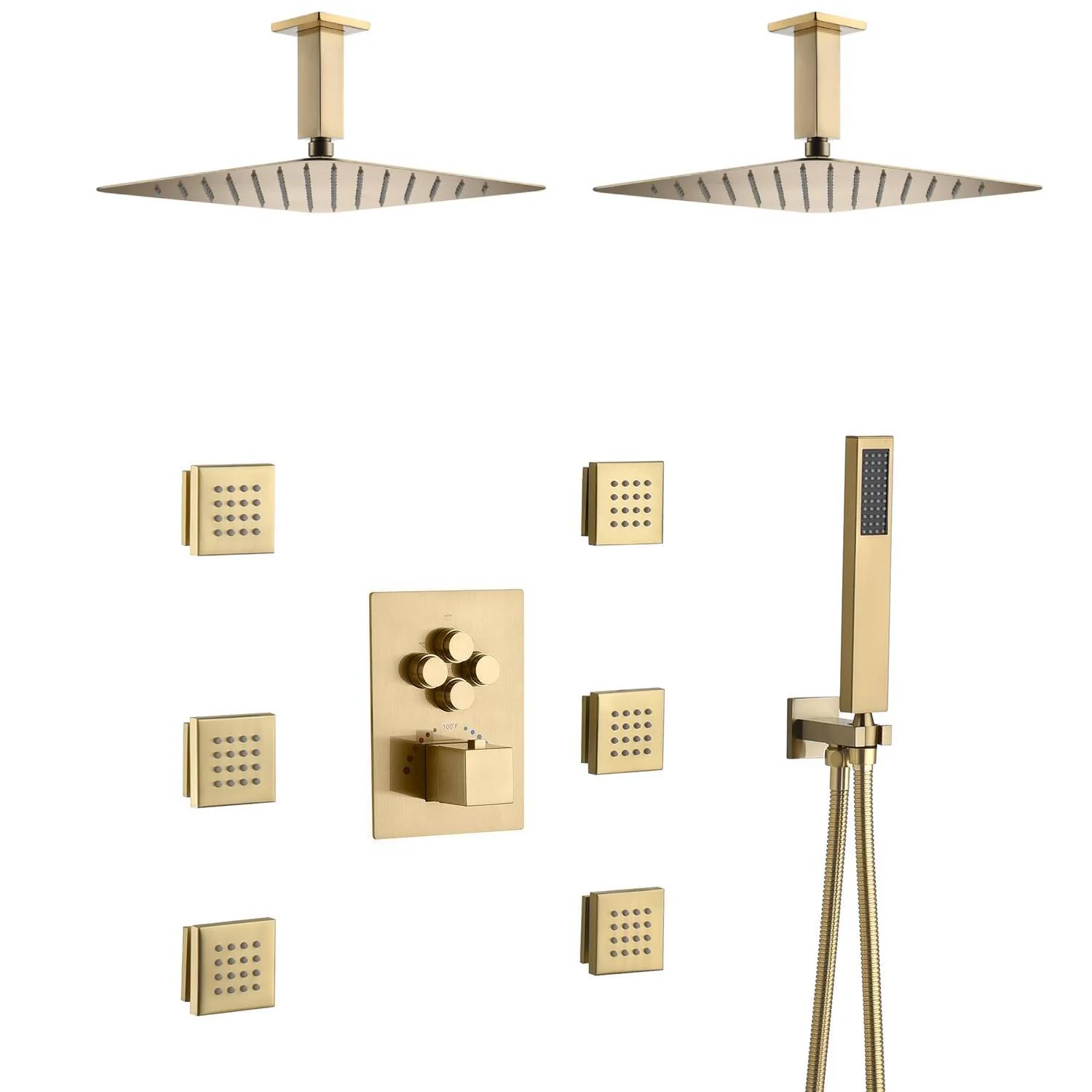 Brushed Gold 4-Way Thermostatic Shower Faucet System: Choose 12'' or 16'' Dual Ceiling Mount Shower Heads, with Body Jets and Both Simultaneous and Separate Functionality - Image 3