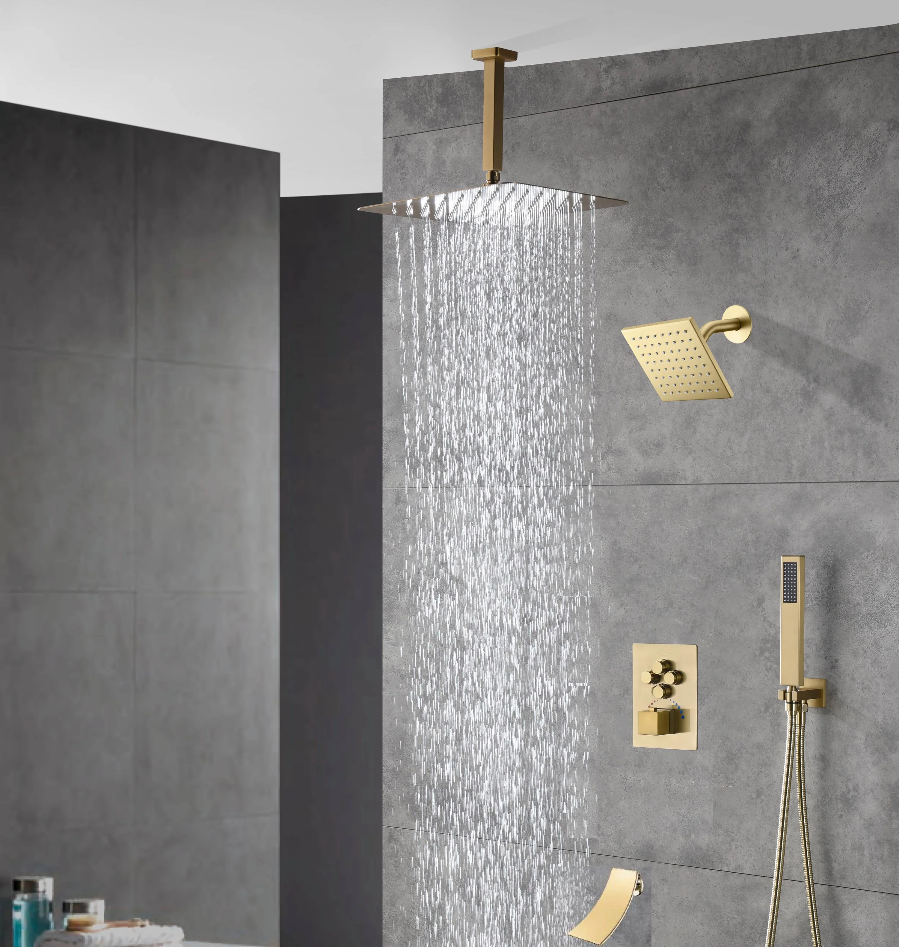 Brushed gold Ceiling mount rainfall shower heads wall mount regular shower head 4 way Thermostatic Shower valve system that each function run all together and separately - Image 2