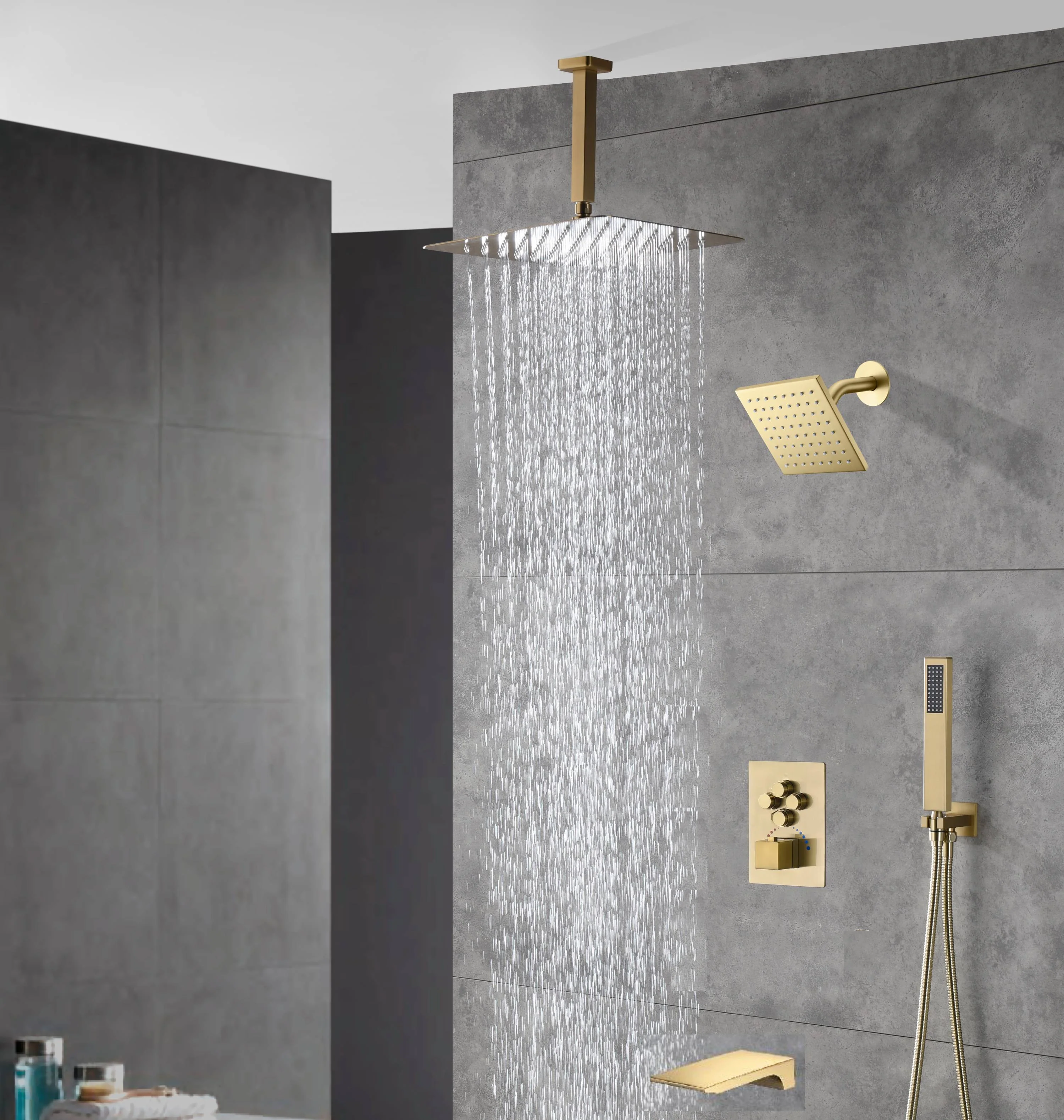 Brushed gold Ceiling mount rainfall shower heads wall mount regular shower head 4 way Thermostatic Shower valve system that each function run all together and separately - Image 3
