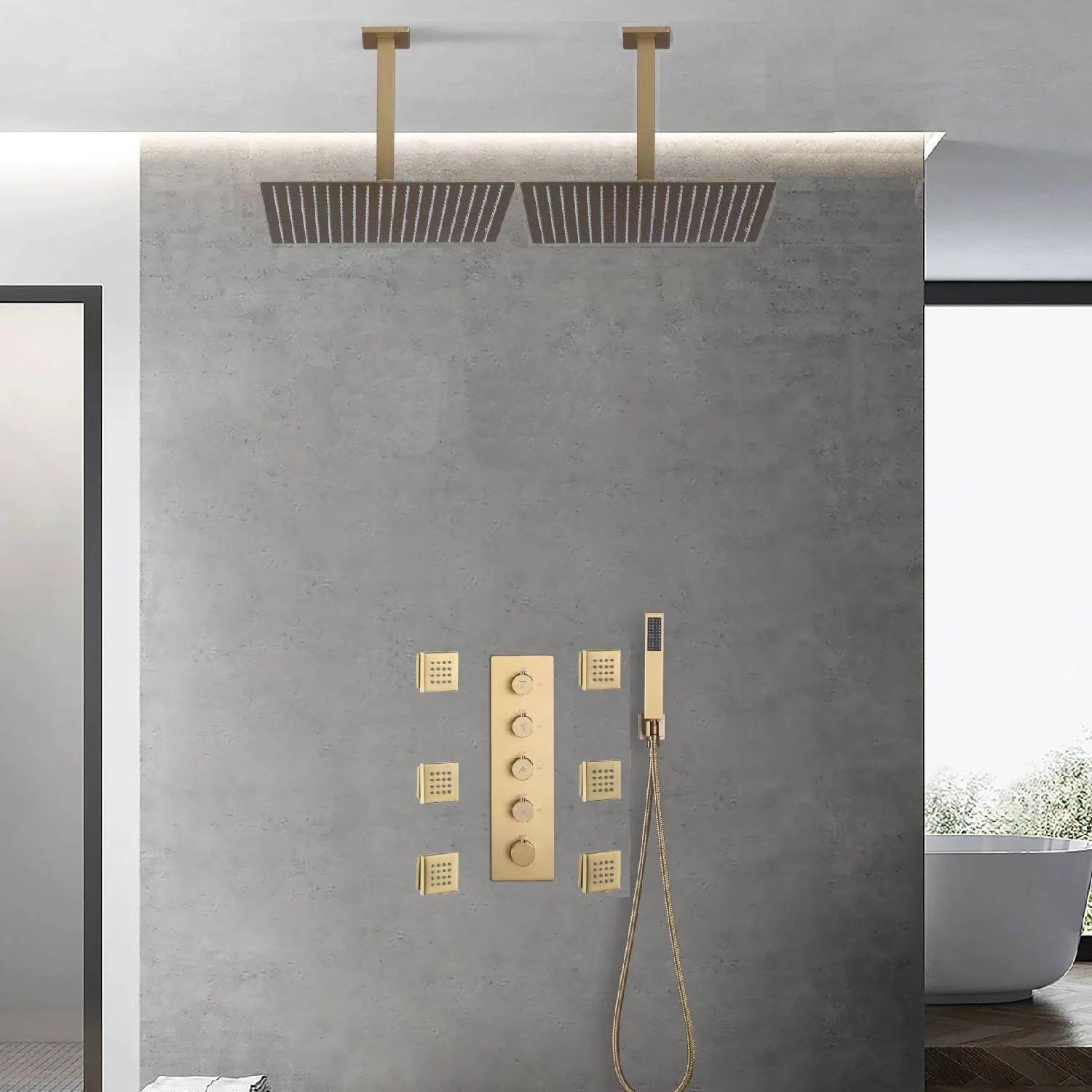 Brushed gold Ceiling mount two shower heads 4 way digital display Thermostatic Shower valve system that each function run all together and separately - Image 2