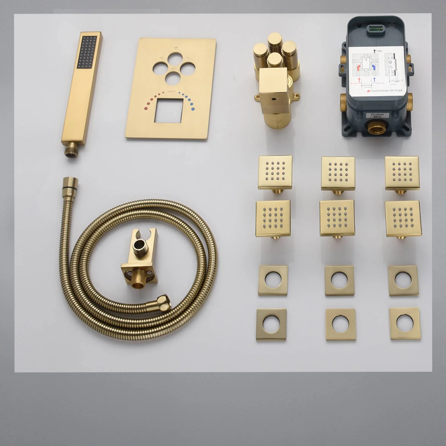 Dual-Head Brushed Gold Ceiling Mount 4 Way Thermostatic Shower System with 6 body jets - Image 4