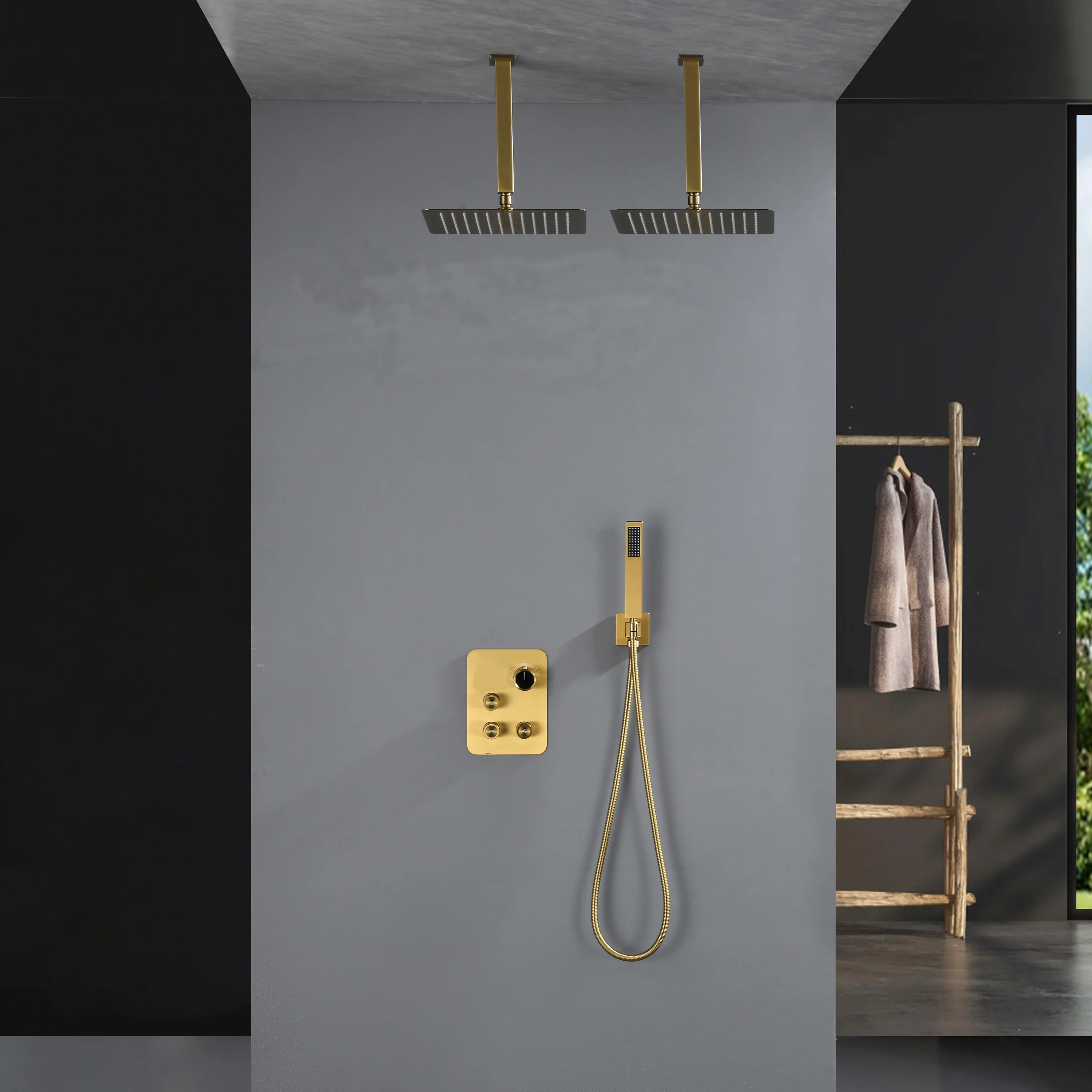 Brushed Gold Dual Ceiling & Wall Shower Heads with 3-Way Thermostatic Valve System - Seamless Functionality Both Together & Separately - Image 10