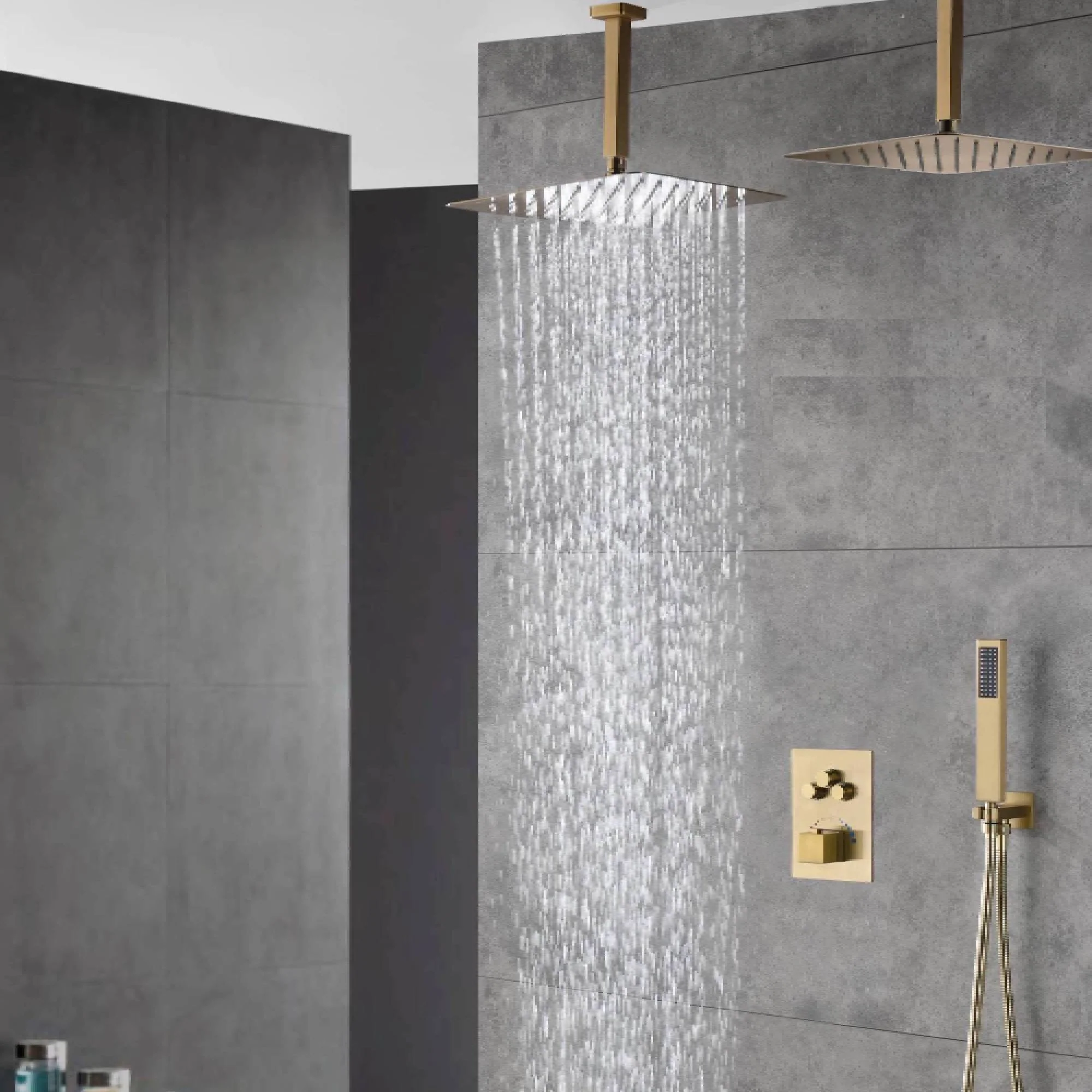 Brushed Gold Dual Ceiling & Wall Shower Heads with 3-Way Thermostatic Valve System - Seamless Functionality Both Together & Separately - Image 11