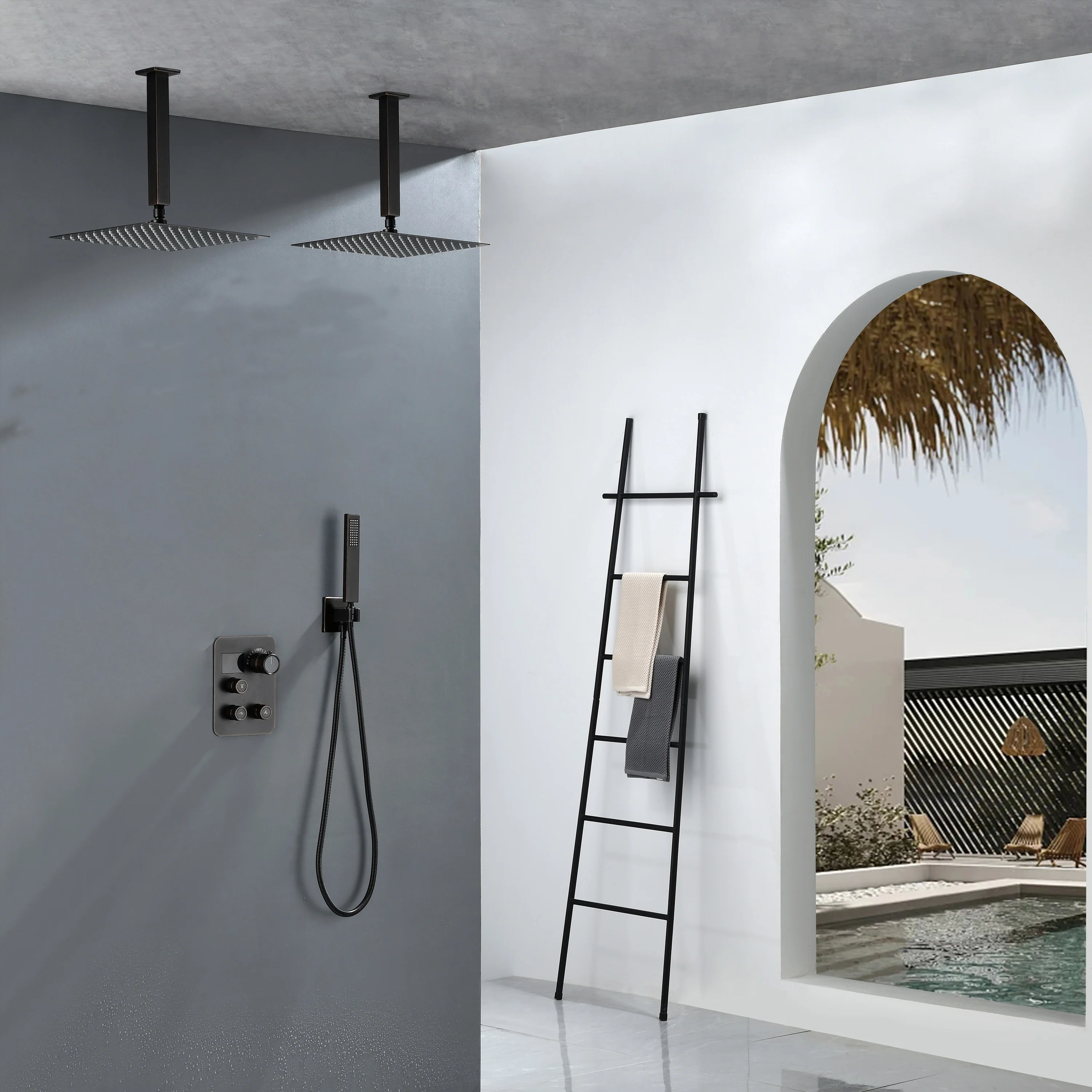 Brushed Gold Dual Ceiling & Wall Shower Heads with 3-Way Thermostatic Valve System - Seamless Functionality Both Together & Separately - Image 14