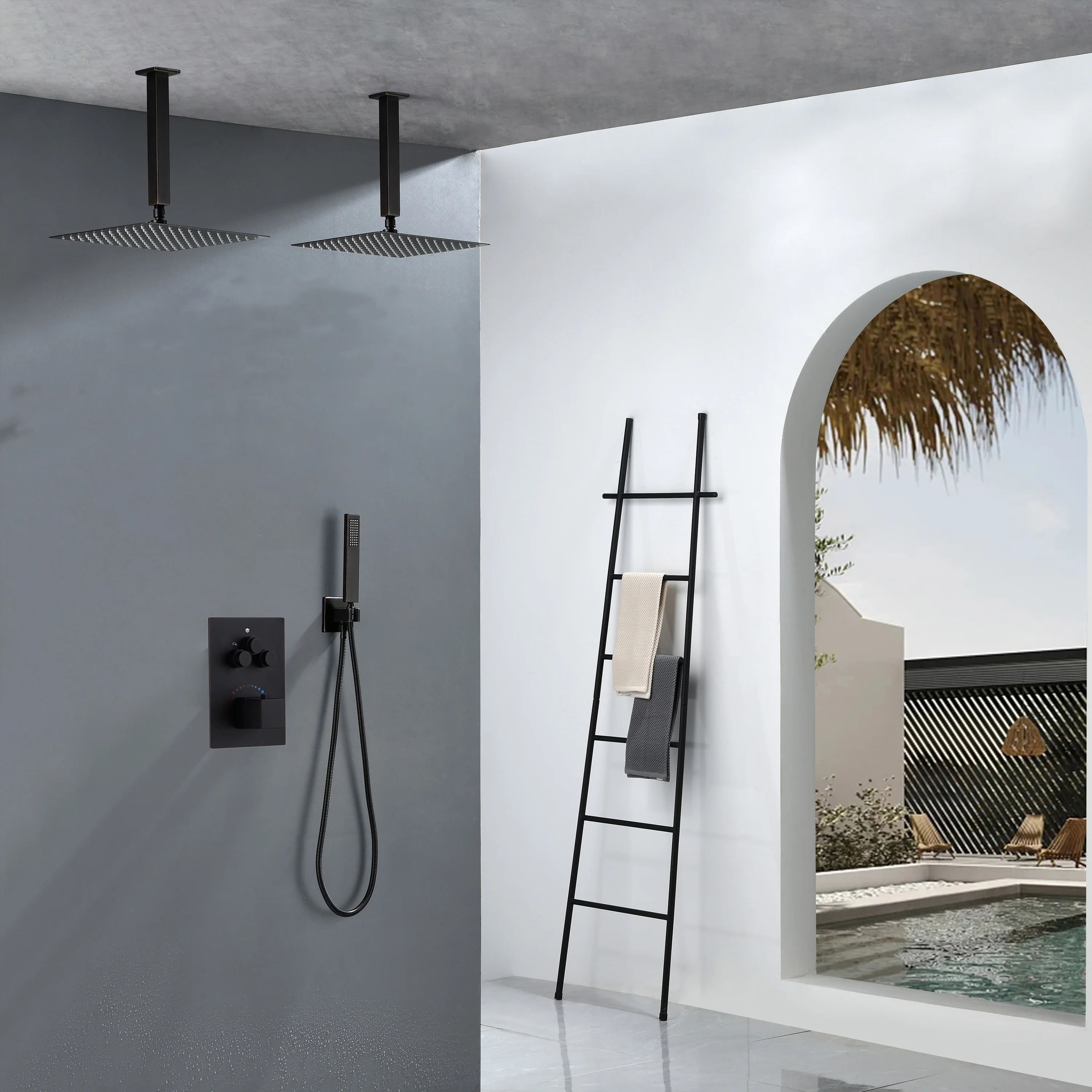 Brushed Gold Dual Ceiling & Wall Shower Heads with 3-Way Thermostatic Valve System - Seamless Functionality Both Together & Separately - Image 16