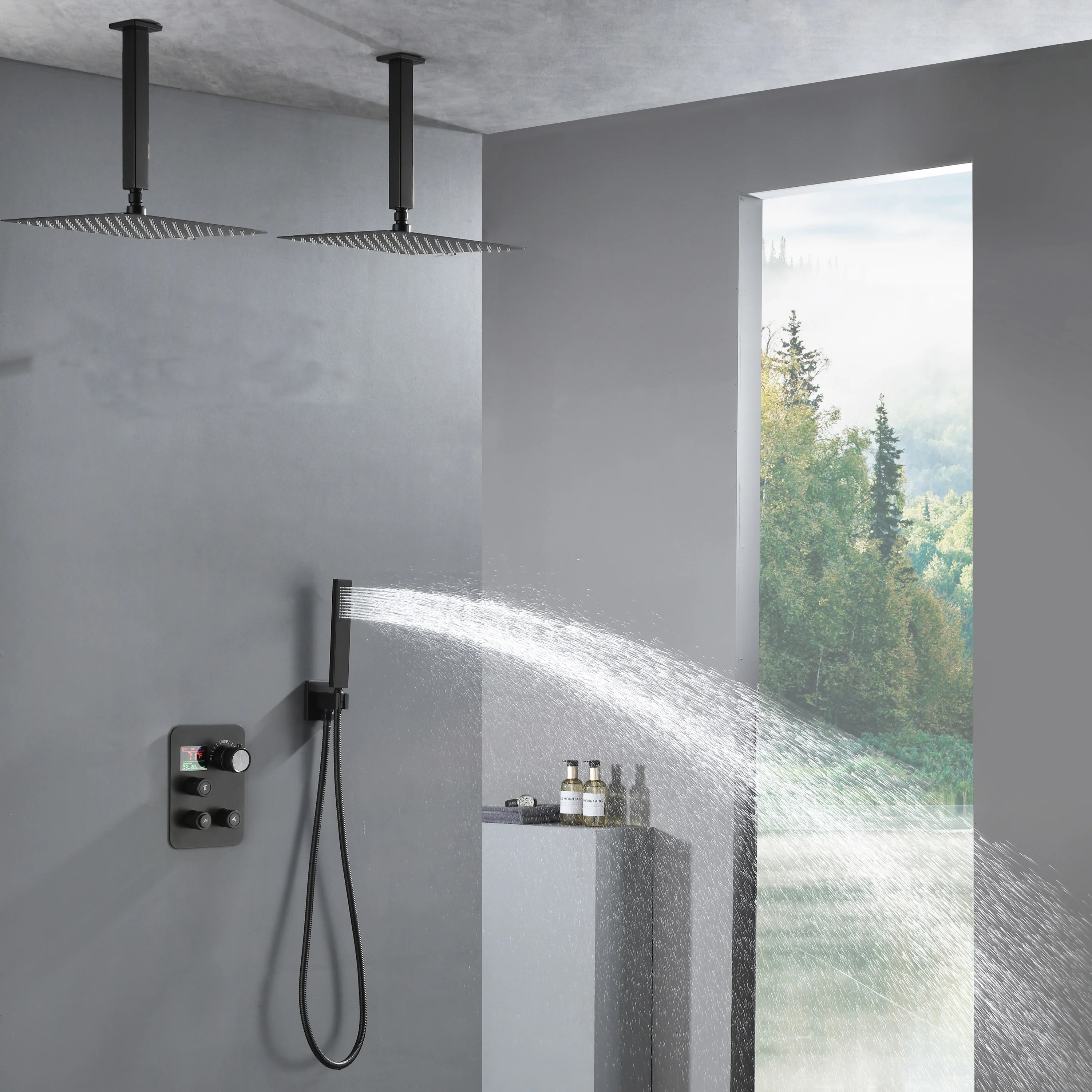 Brushed Gold Dual Ceiling & Wall Shower Heads with 3-Way Thermostatic Valve System - Seamless Functionality Both Together & Separately - Image 21