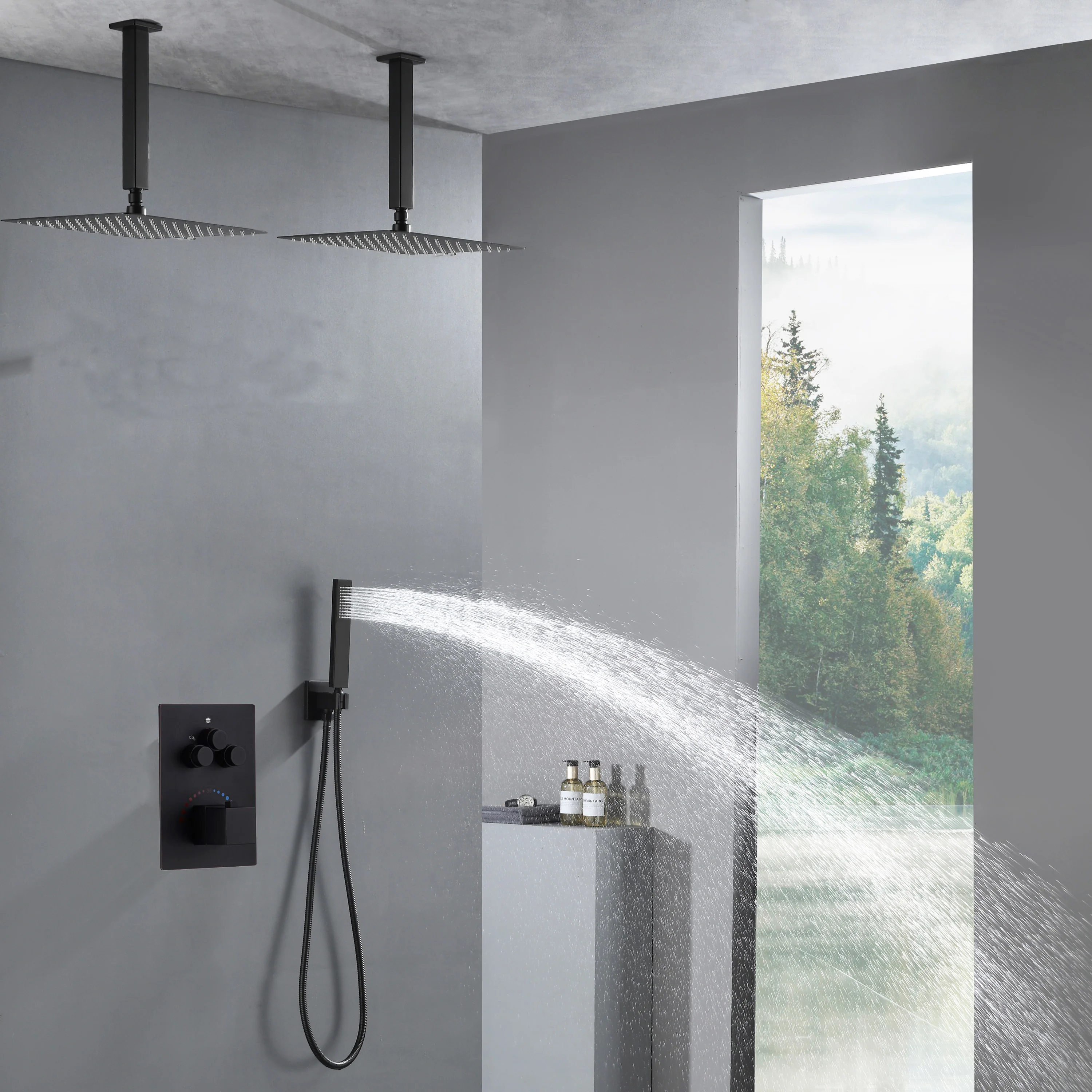 Brushed Gold Dual Ceiling & Wall Shower Heads with 3-Way Thermostatic Valve System - Seamless Functionality Both Together & Separately - Image 22