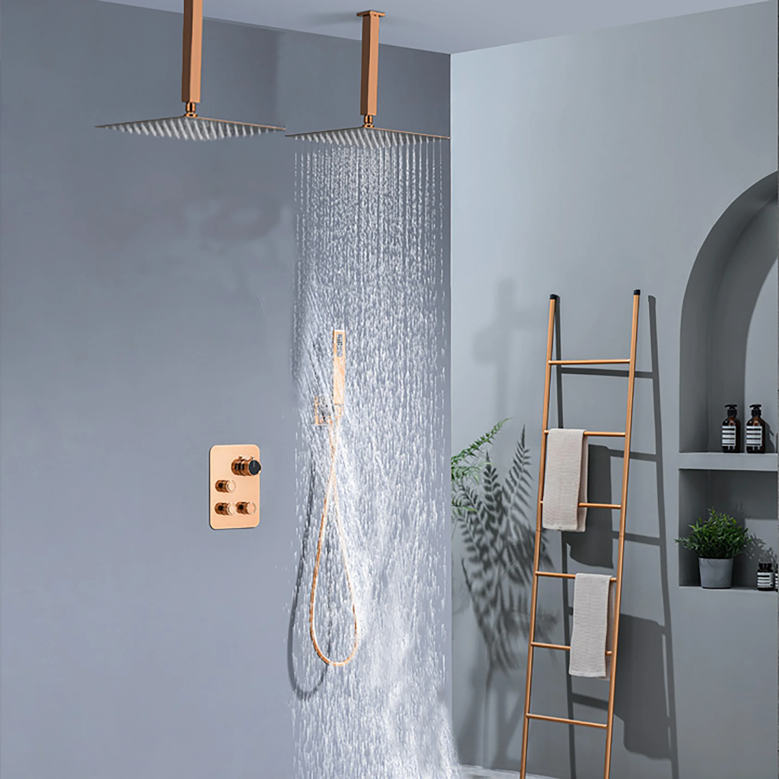 Brushed Gold Dual Ceiling & Wall Shower Heads with 3-Way Thermostatic Valve System - Seamless Functionality Both Together & Separately - Image 24