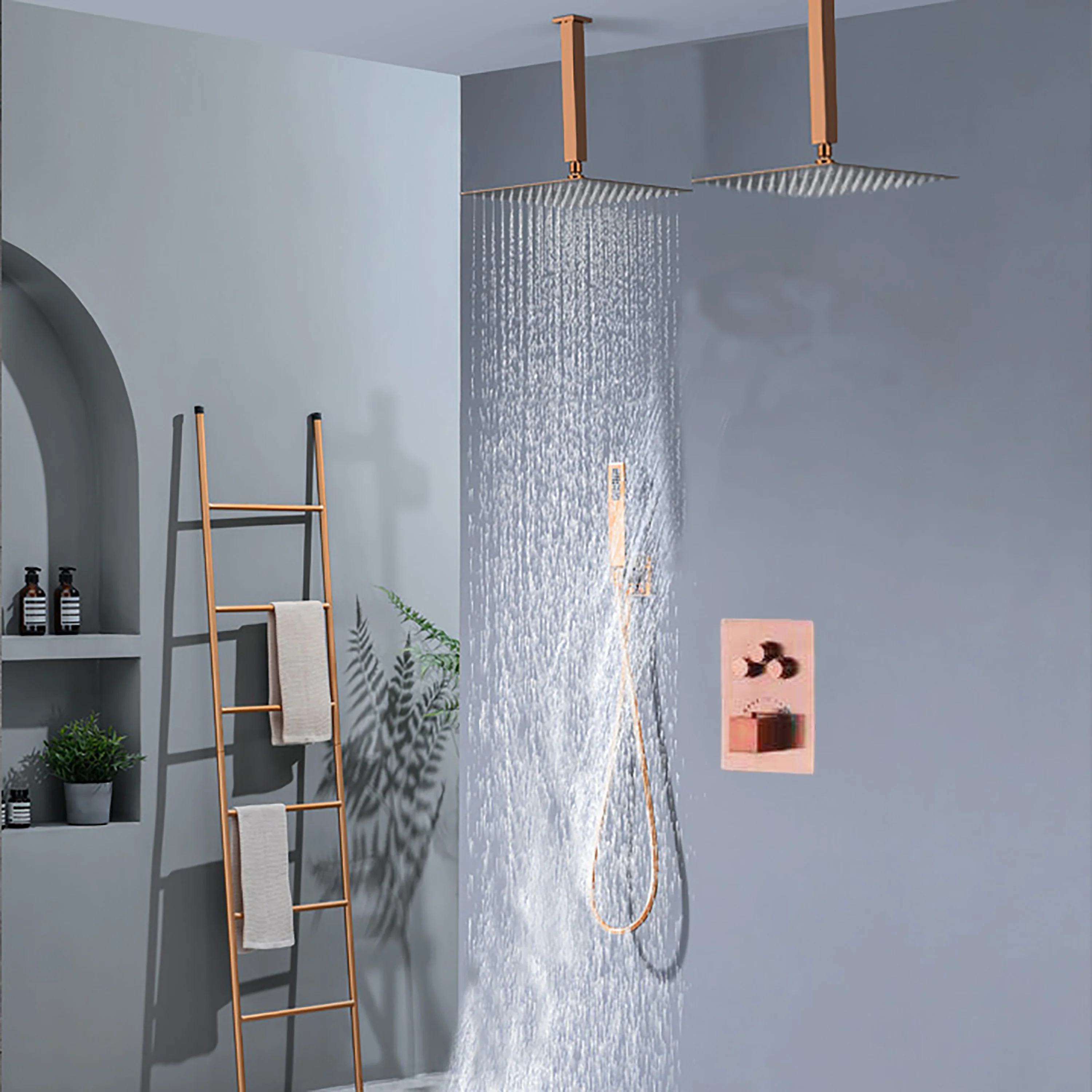 Brushed Gold Dual Ceiling & Wall Shower Heads with 3-Way Thermostatic Valve System - Seamless Functionality Both Together & Separately - Image 26