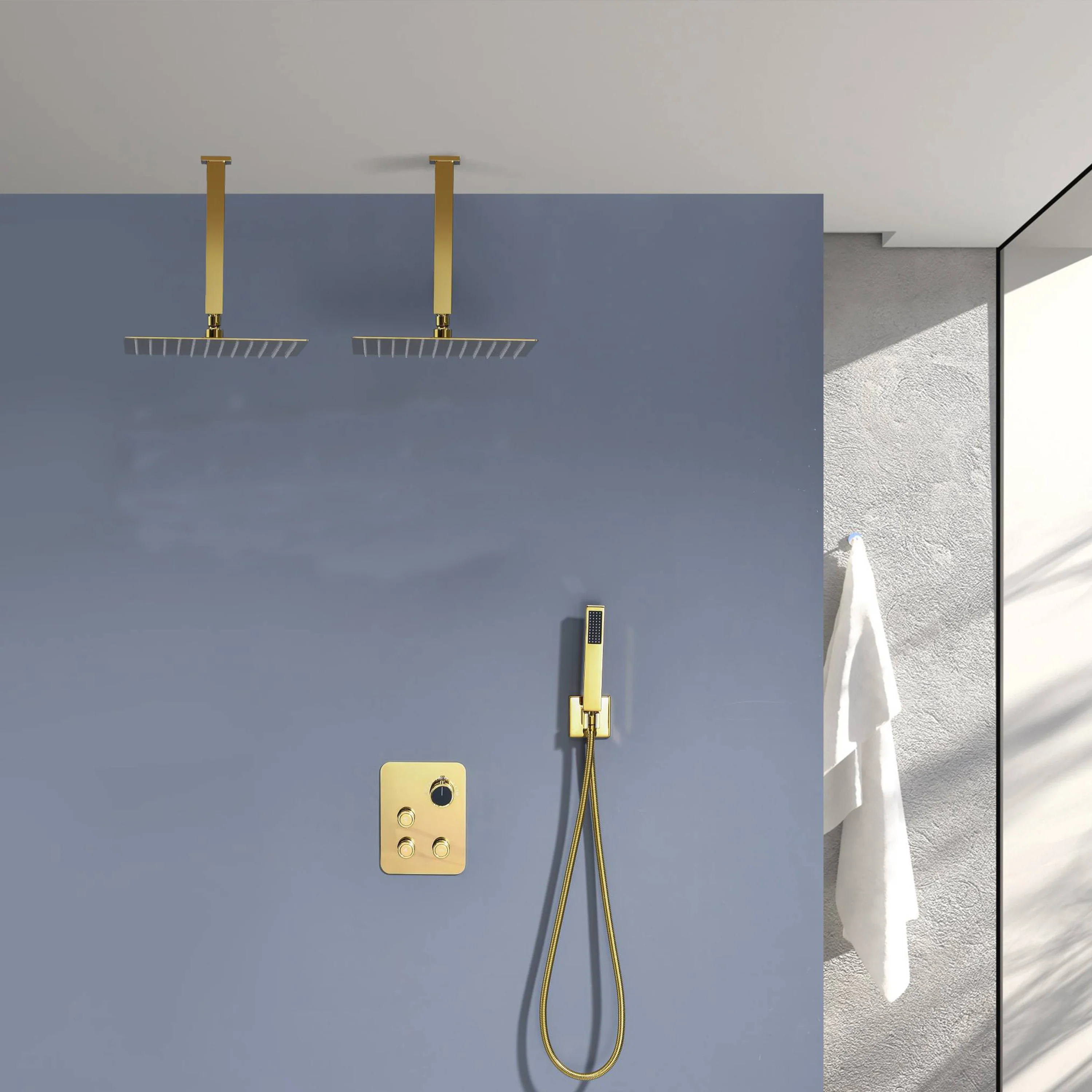 Brushed Gold Dual Ceiling & Wall Shower Heads with 3-Way Thermostatic Valve System - Seamless Functionality Both Together & Separately - Image 27