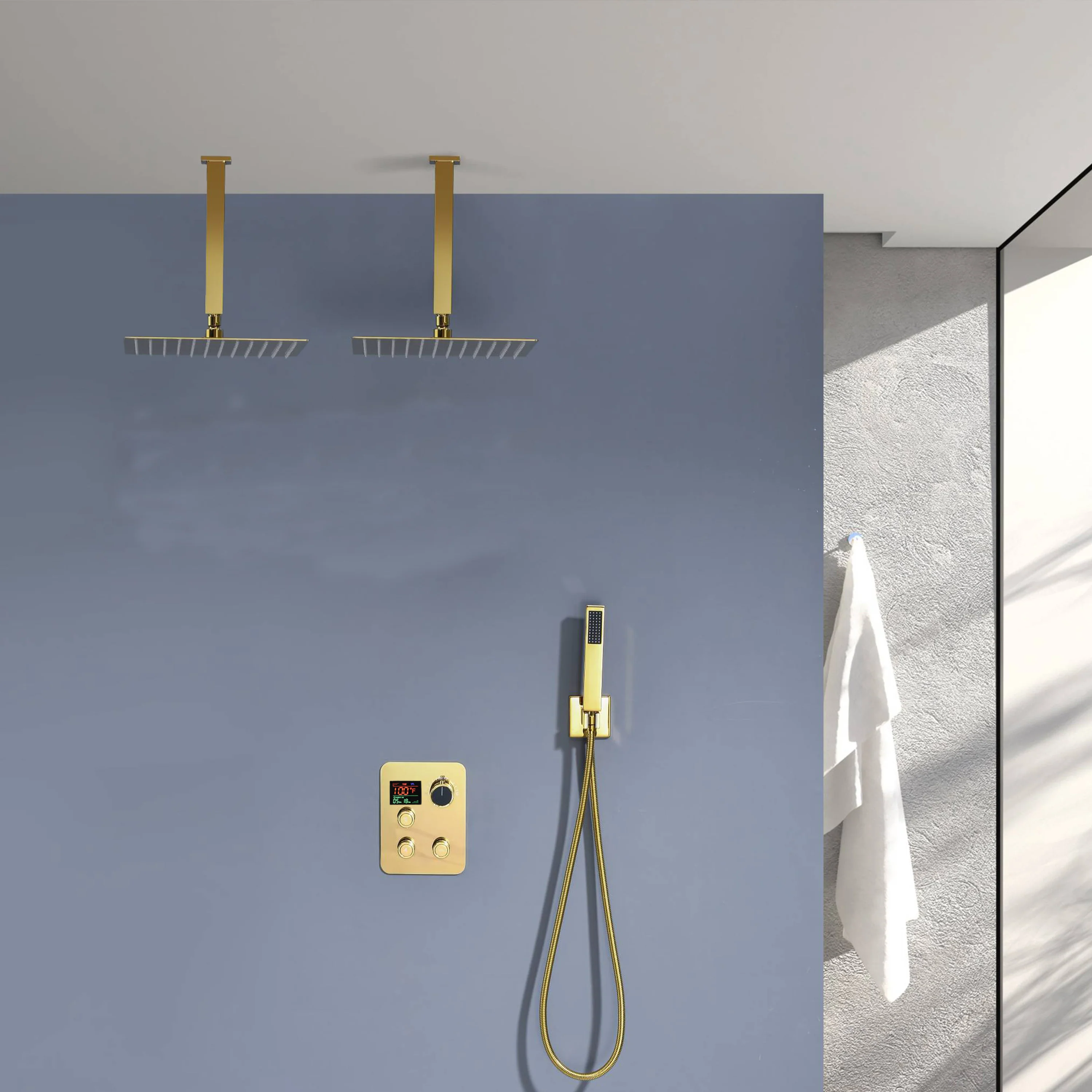 Brushed Gold Dual Ceiling & Wall Shower Heads with 3-Way Thermostatic Valve System - Seamless Functionality Both Together & Separately - Image 28