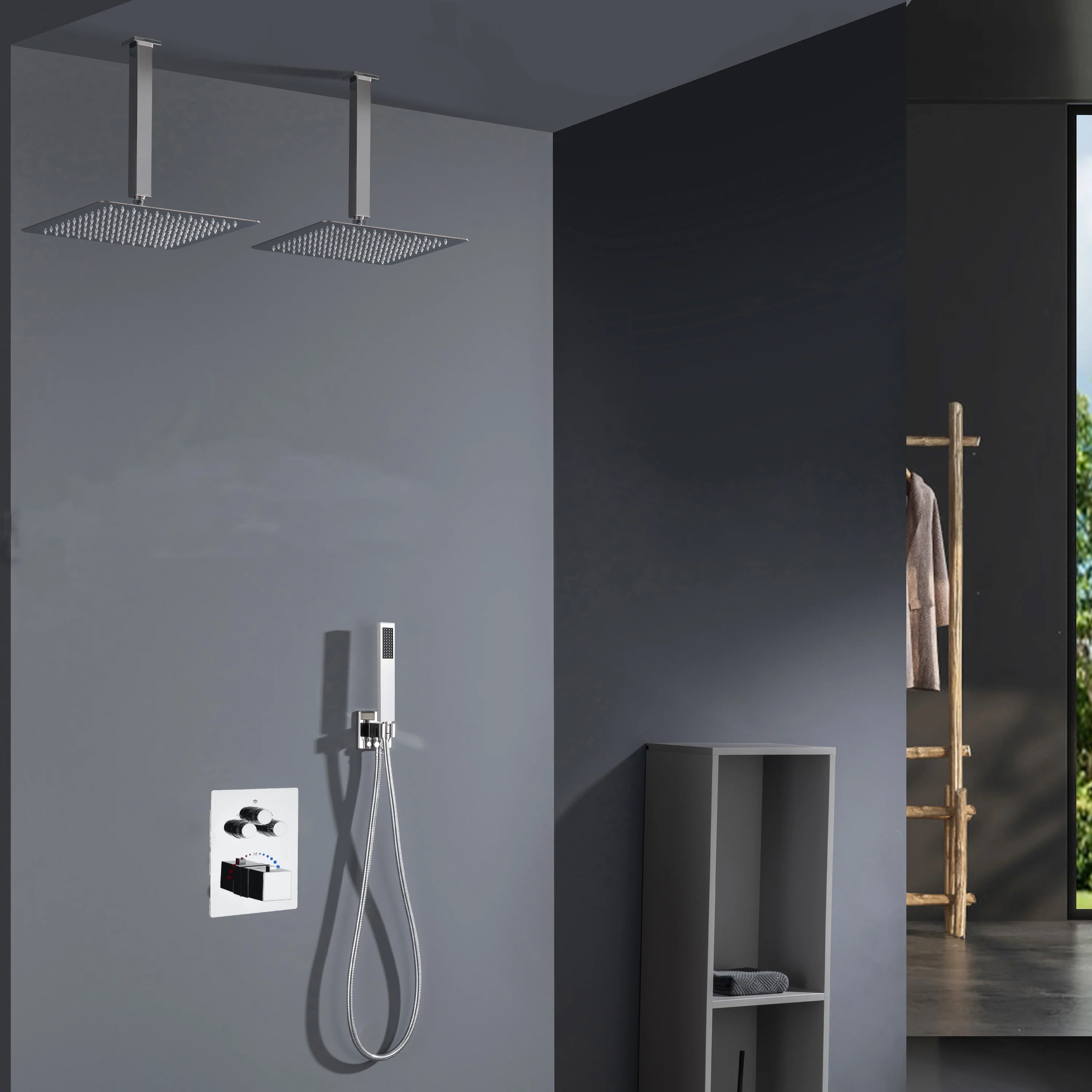 Brushed Gold Dual Ceiling & Wall Shower Heads with 3-Way Thermostatic Valve System - Seamless Functionality Both Together & Separately - Image 3
