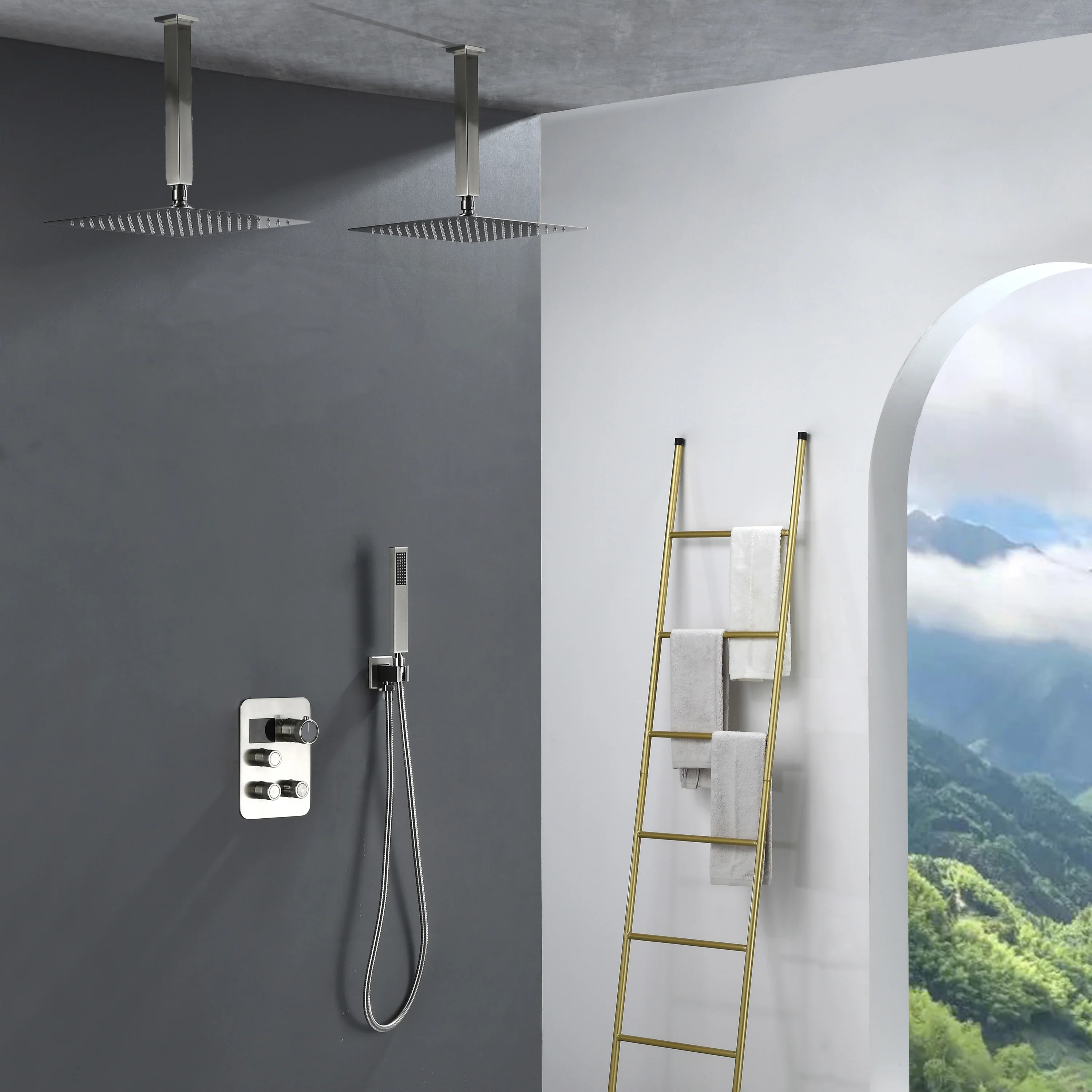 Brushed Gold Dual Ceiling & Wall Shower Heads with 3-Way Thermostatic Valve System - Seamless Functionality Both Together & Separately - Image 4