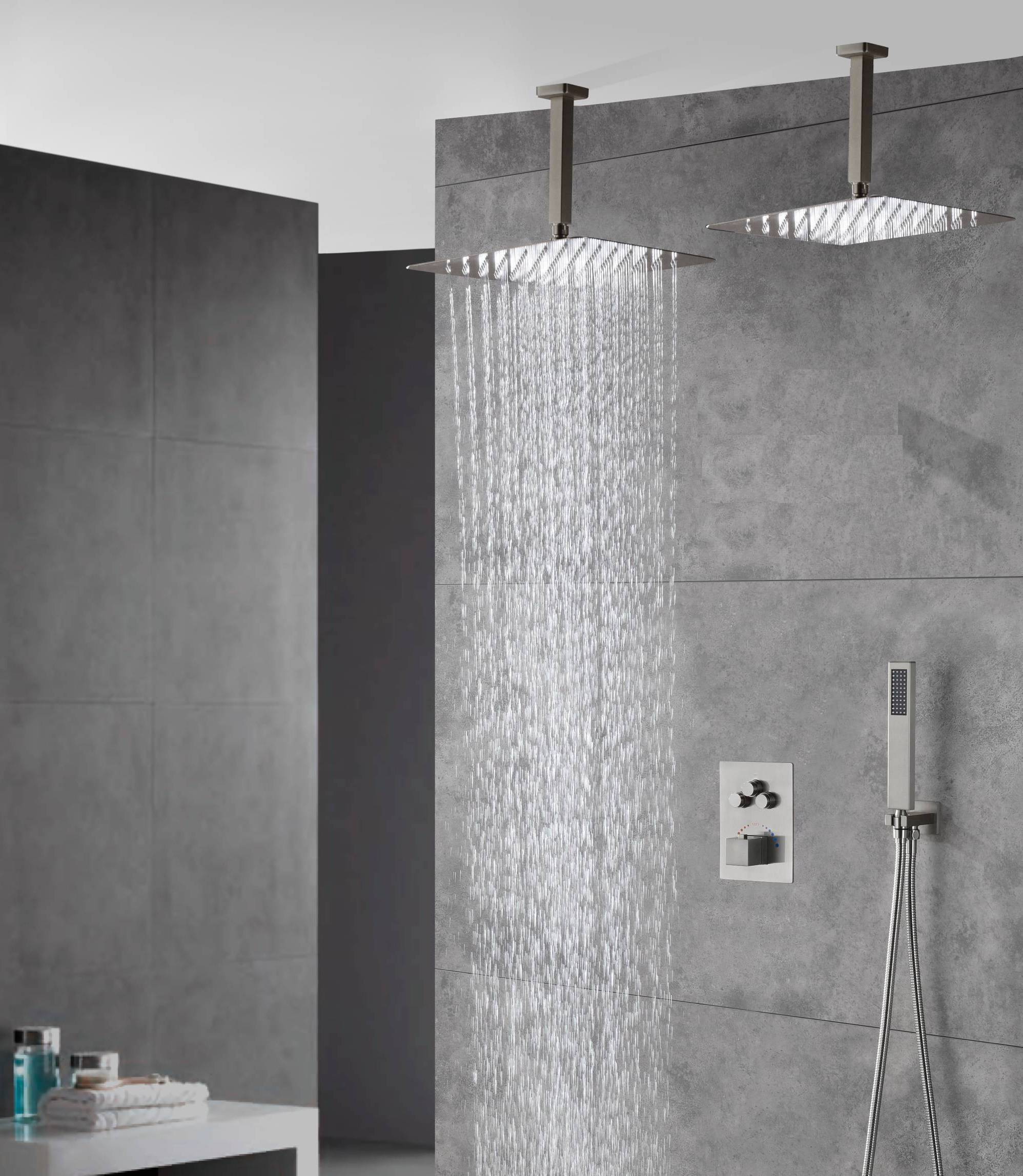 Brushed Gold Dual Ceiling & Wall Shower Heads with 3-Way Thermostatic Valve System - Seamless Functionality Both Together & Separately - Image 6