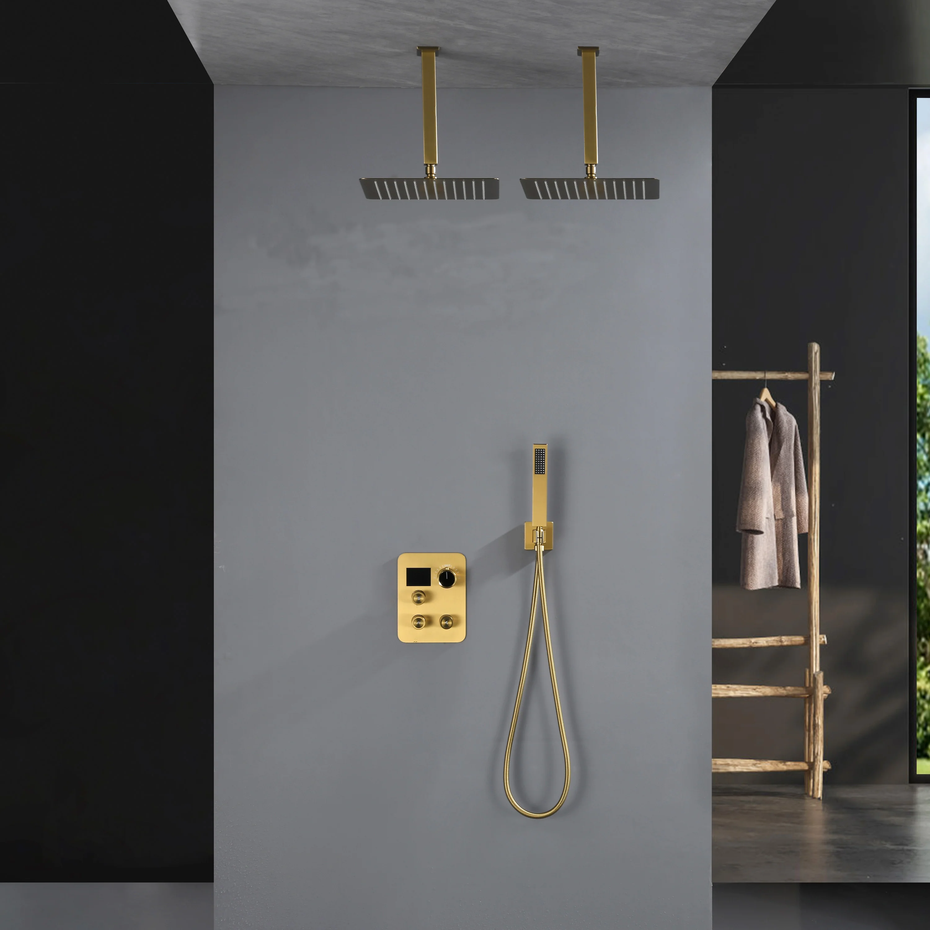 Brushed Gold Dual Ceiling & Wall Shower Heads with 3-Way Thermostatic Valve System - Seamless Functionality Both Together & Separately - Image 9