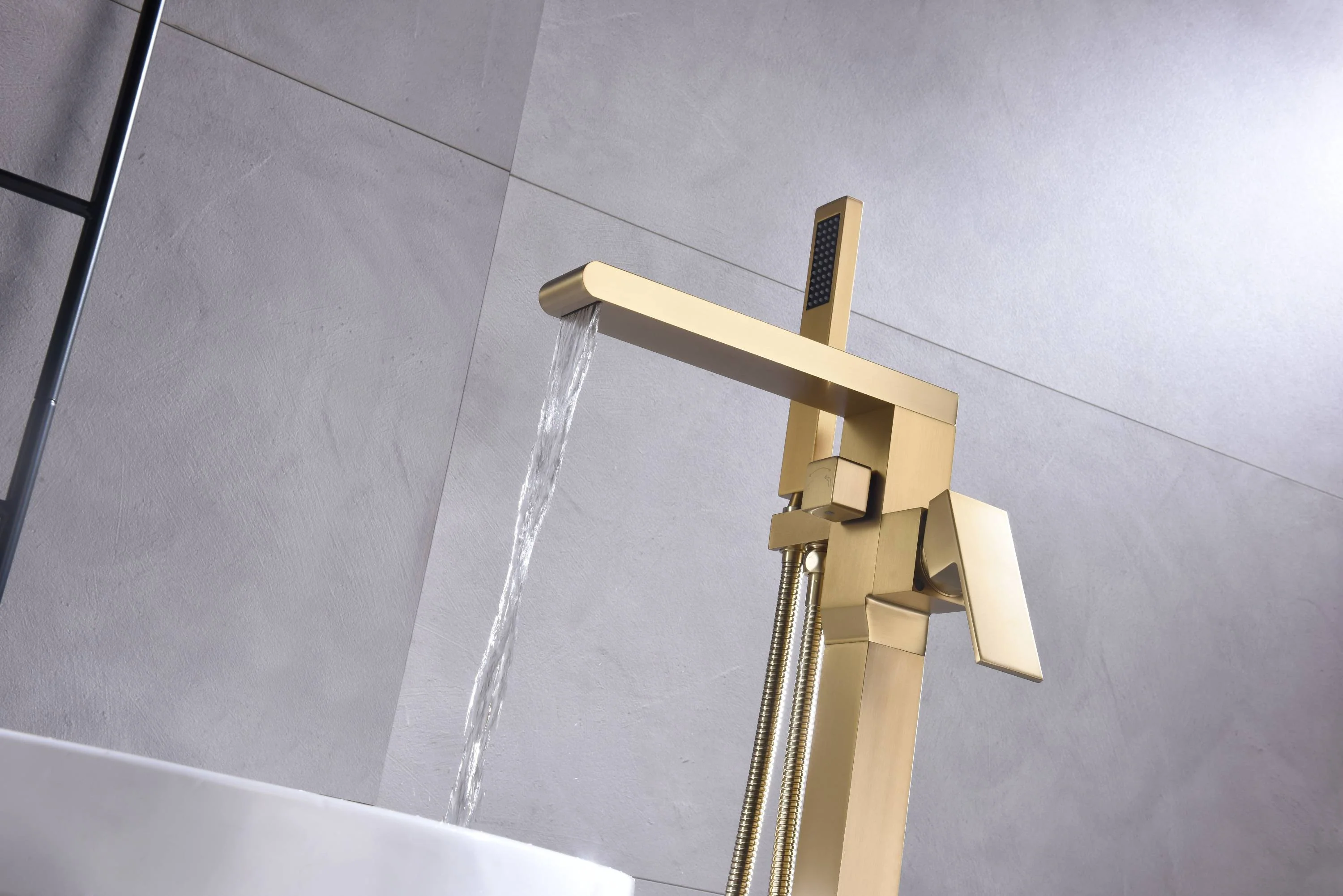 Deluxe Waterfall Freestanding Tub Filler Faucet in Brushed Gold Finish with Single Handle, Hand Shower, and Pressure Balance - Image 2
