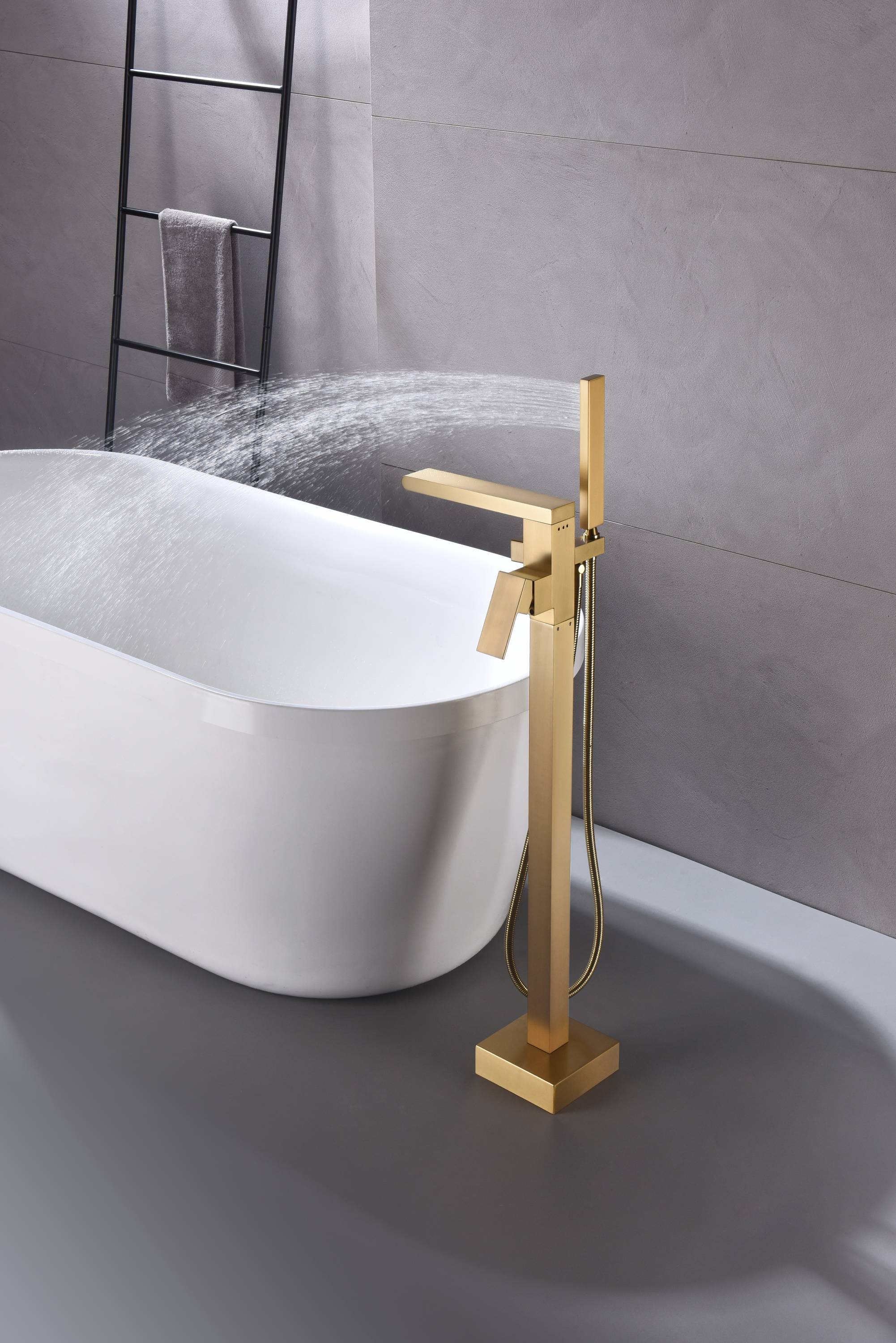 Deluxe Waterfall Freestanding Tub Filler Faucet in Brushed Gold Finish with Single Handle, Hand Shower, and Pressure Balance - Image 3