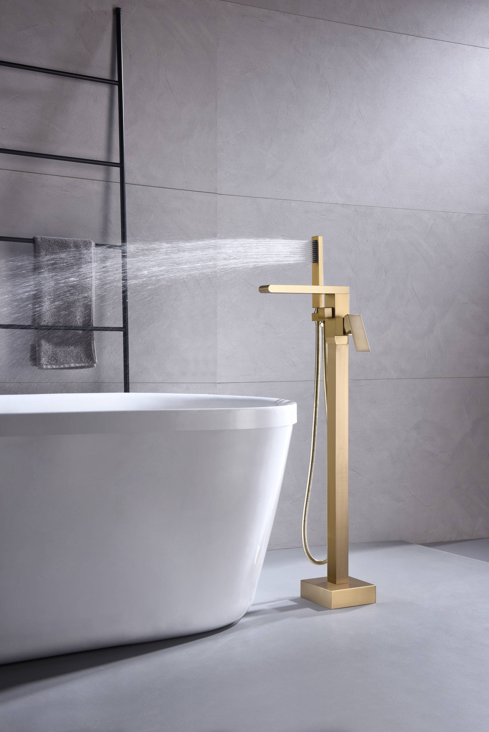 Deluxe Waterfall Freestanding Tub Filler Faucet in Brushed Gold Finish with Single Handle, Hand Shower, and Pressure Balance - Image 5