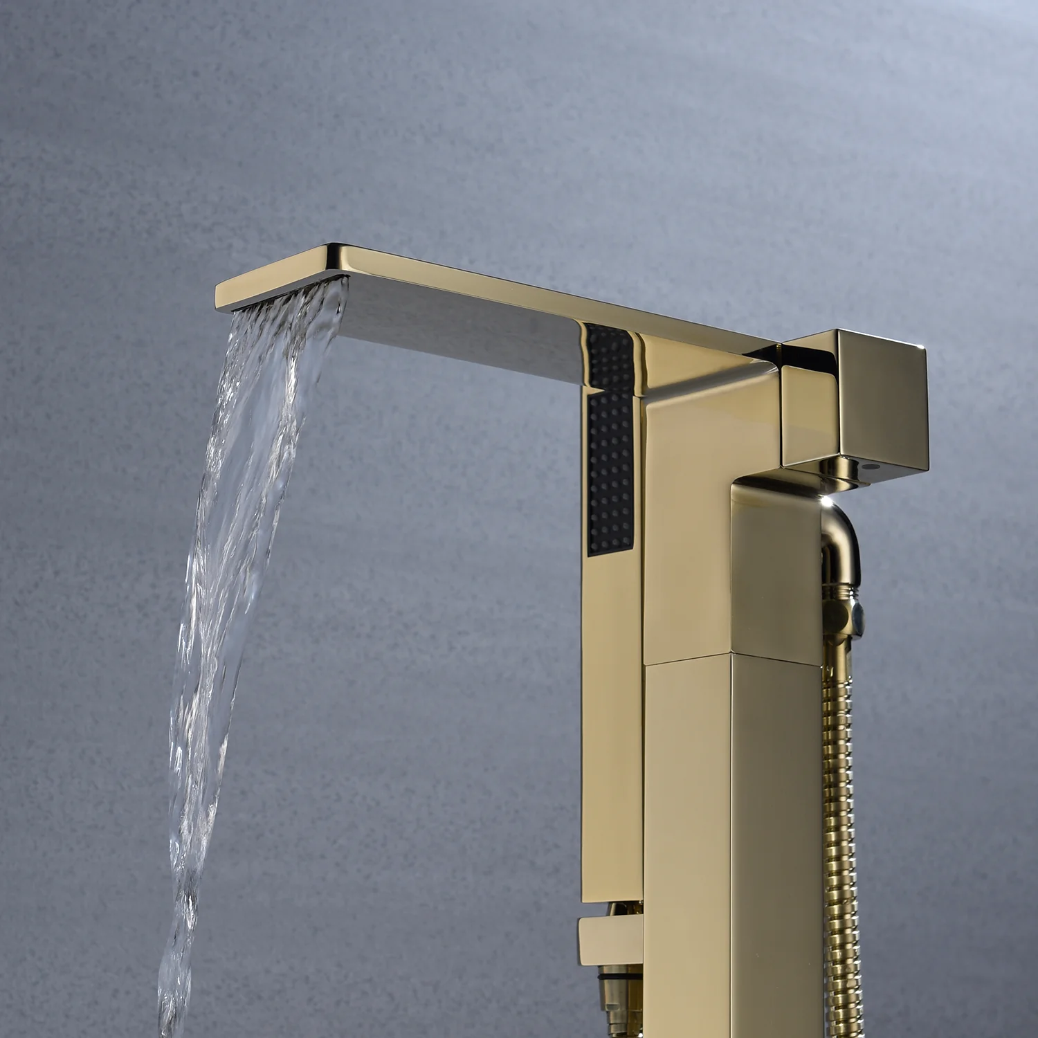Waterfall Brushed Gold Finish Single Handle Floor Mount Freestanding Tub Filler Faucet with Hand Shower - Image 2