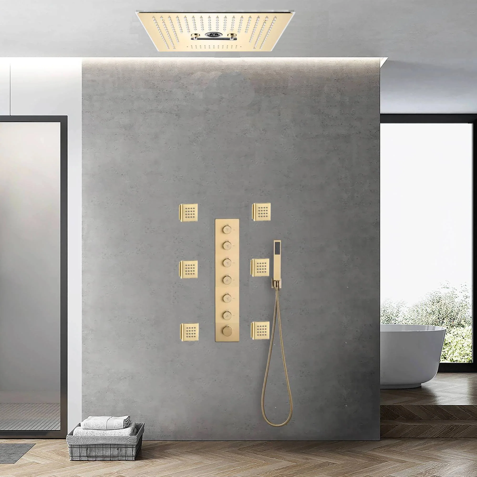 Brushed Gold 6-Way Digital Display Thermostatic Shower Faucet: Flush-Mounted 16-Inch Head, Rainfall, Waterfall, Mist, Hydro-Water Massage, 64-Color LED Lighting, Bluetooth Music, and 6 Body Jets - Image 2