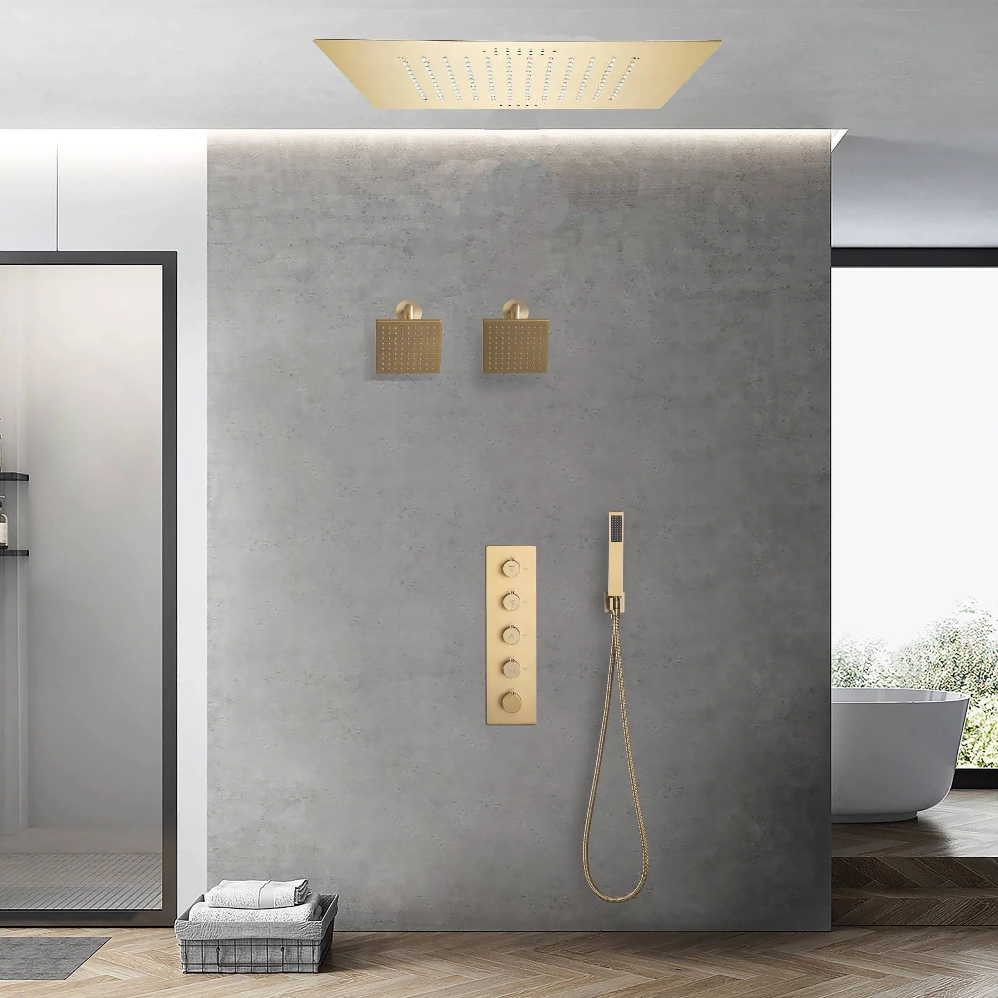 Brushed Gold 4-Way Digital Thermostatic Shower Faucet with Dual Regular Heads and Integrated 20-Inch Rainfall LED Light & Bluetooth Music Shower Head - Image 10
