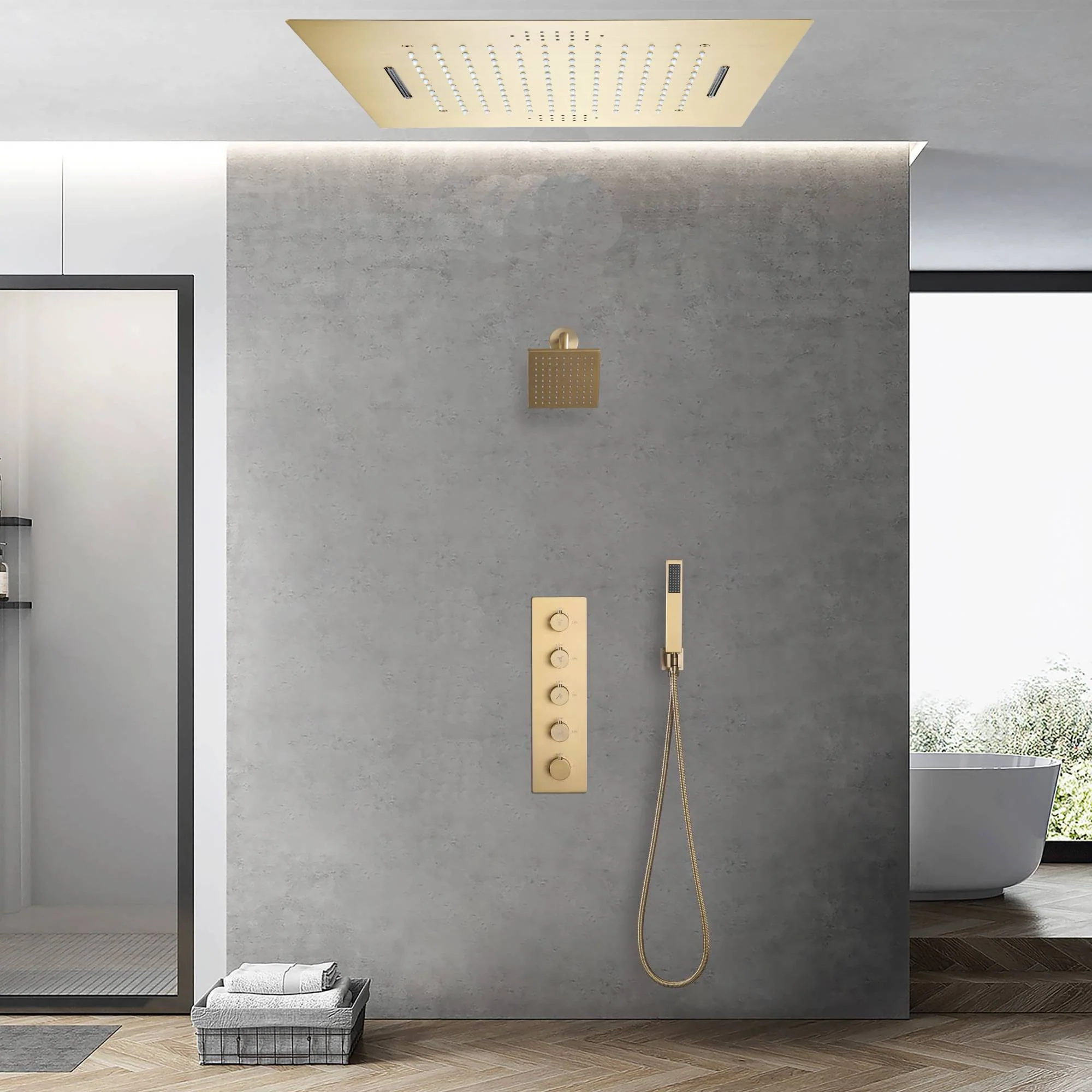 Brushed Gold 20-Inch Rainfall & Waterfall Shower Head with 64 LED Lights, Bluetooth Music & 4-Way Digital Display Faucet, Including a Regular Head: Flush-Mounted Luxury for Your Bathroom - Image 2