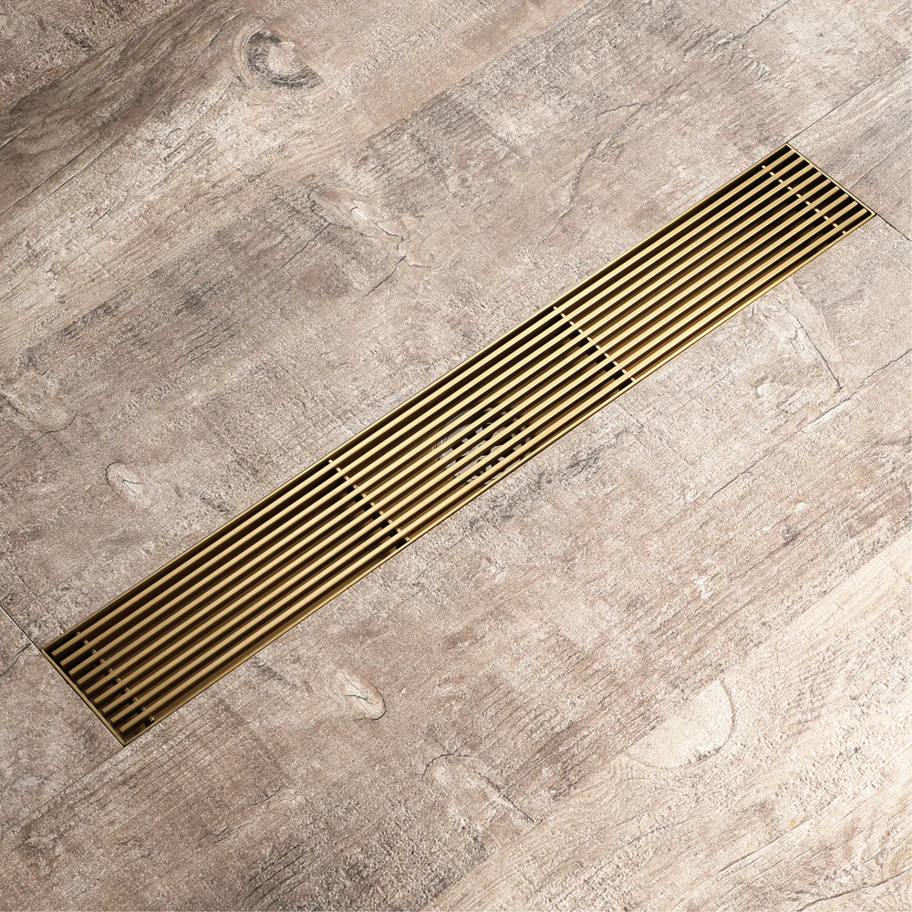 Brushed gold Linear shower drain stainless steel material 35.4 inch with grid cover with hair strainer and adjustment feet - Image 2