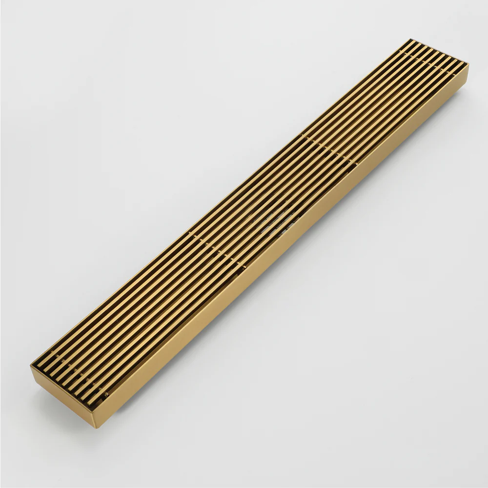 Brushed gold Linear shower drain stainless steel material 35.4 inch with grid cover with hair strainer and adjustment feet - Image 4
