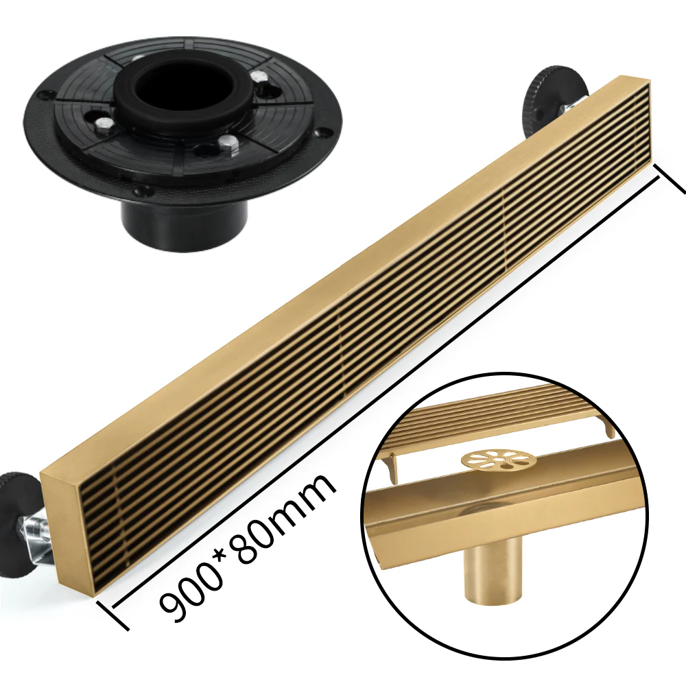 Brushed gold Linear shower drain stainless steel material 35.4 inch with grid cover with hair strainer and adjustment feet - Image 6