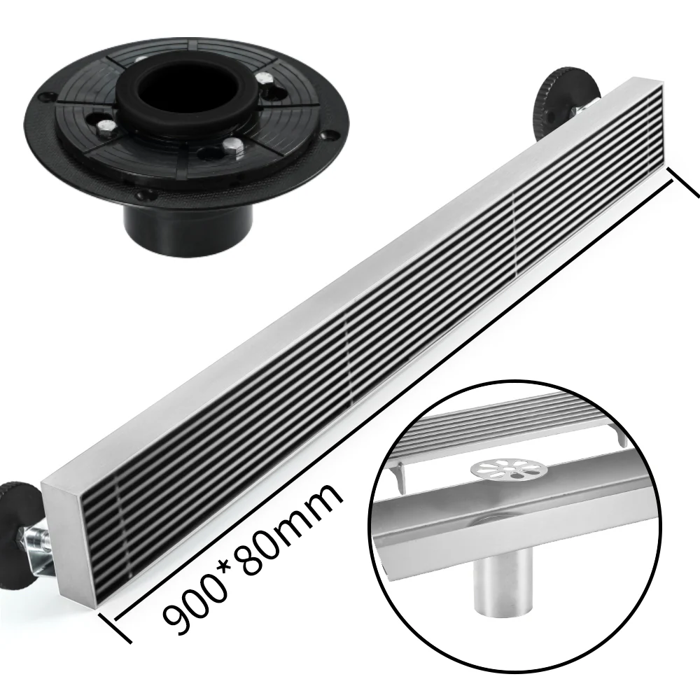Brushed Nickel Linear shower drain stainless steel material 35.4 inch with grid cover with hair strainer and adjustment feet - Image 3